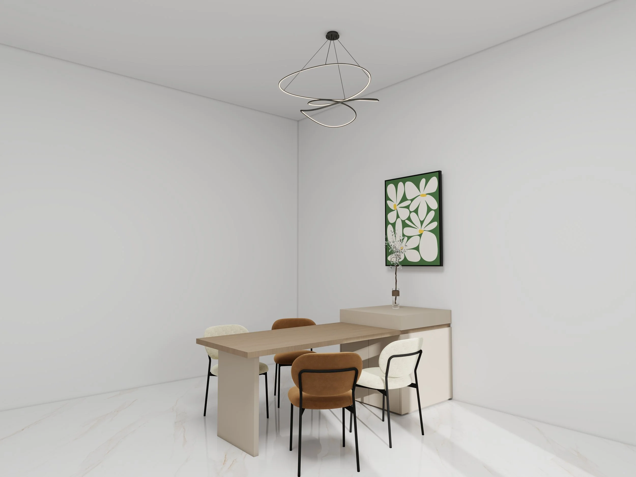 Modern dining room with light wood table, six chairs of different colors and styles, white shelves, light fixtures, and wall art featuring white flowers on green background.