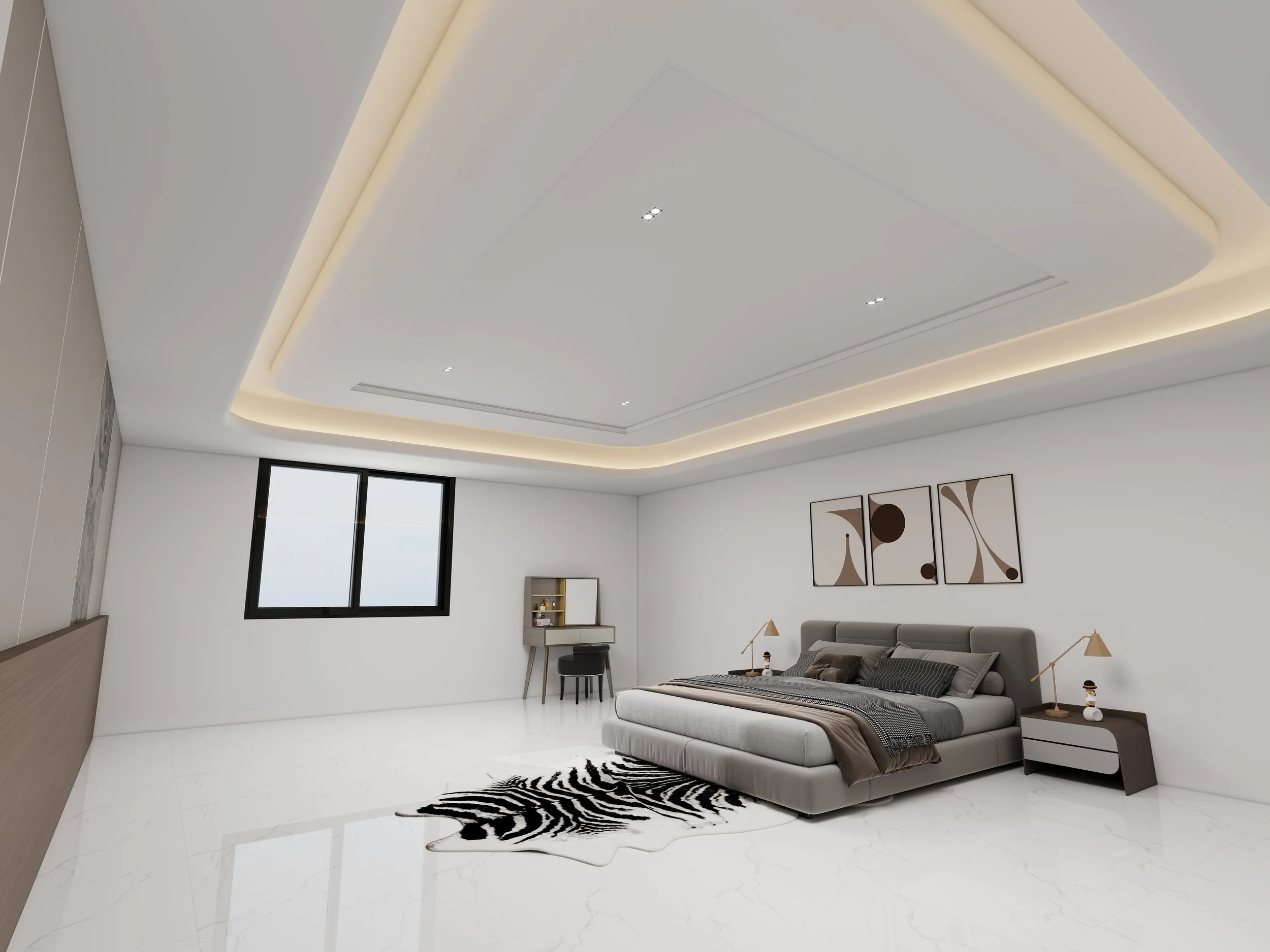 Modern bedroom with white marble floor, gray bed with matching pillows, black and white zebra-patterned rug, abstract art on the wall, small bedside tables with lamps, a black-framed window, and minimal decor.