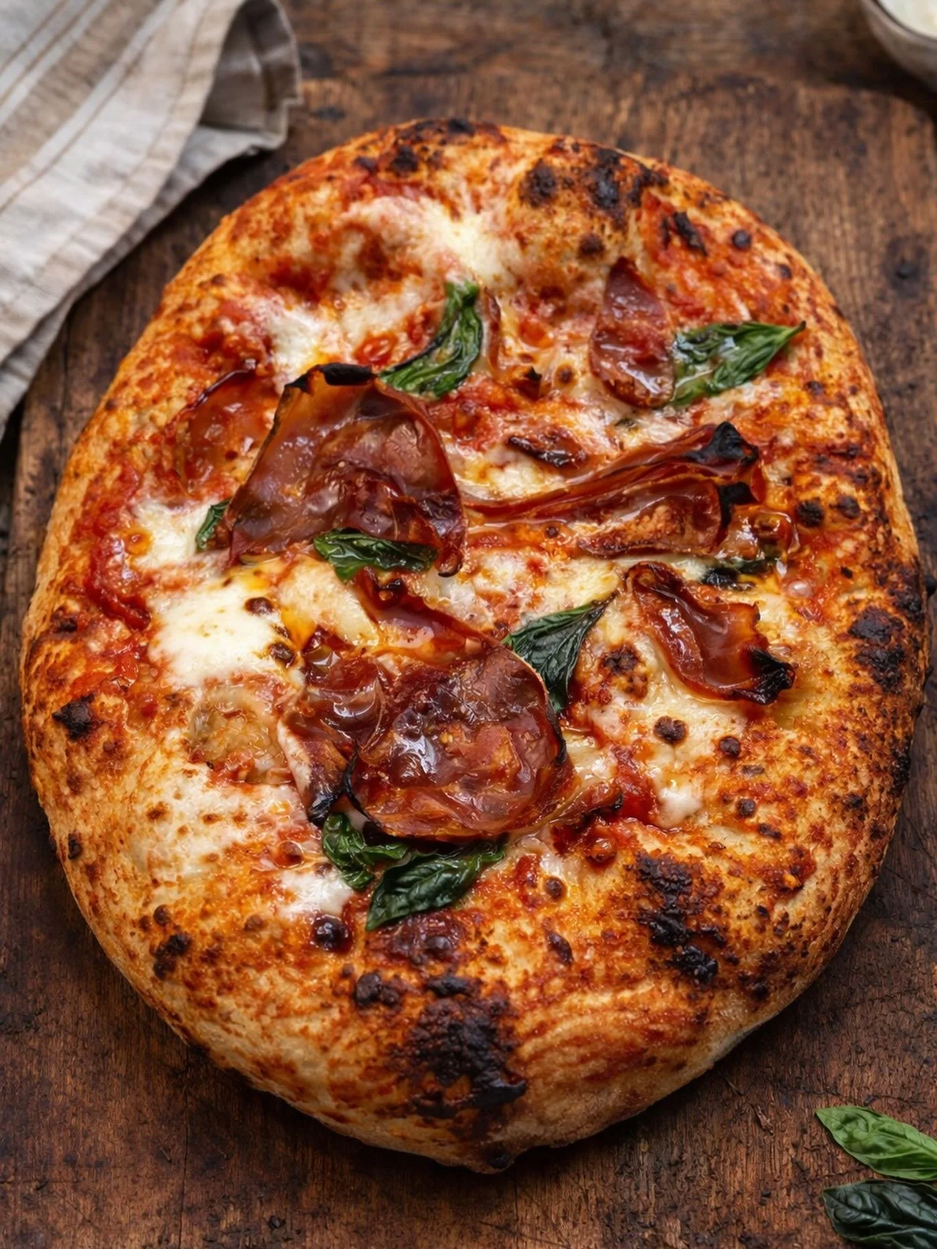 A freshly baked pizza with pepperoni, cheese, tomato sauce, and basil leaves on a wooden surface.
