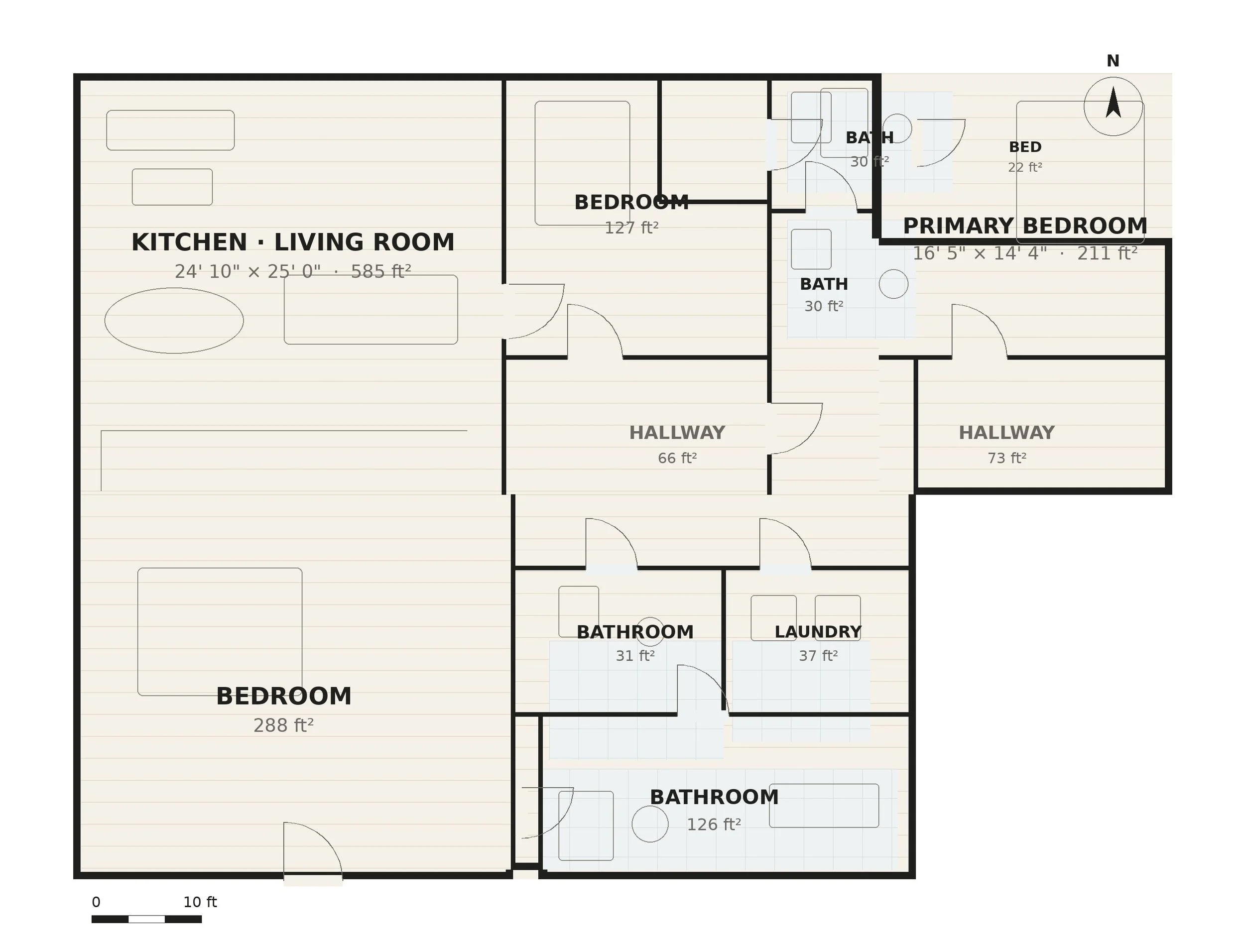 Floor plan of a house showing various rooms labeled as kitchen, living room, bedrooms, bathrooms, laundry, and hallways with dimensions and square footage.