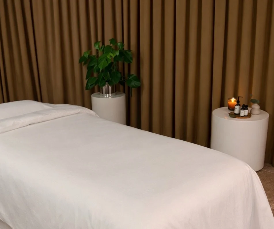 A neatly made bed with white linens in a room with beige curtains, a plant in a white pot, and a white bedside table with wellness bottles and a candle.