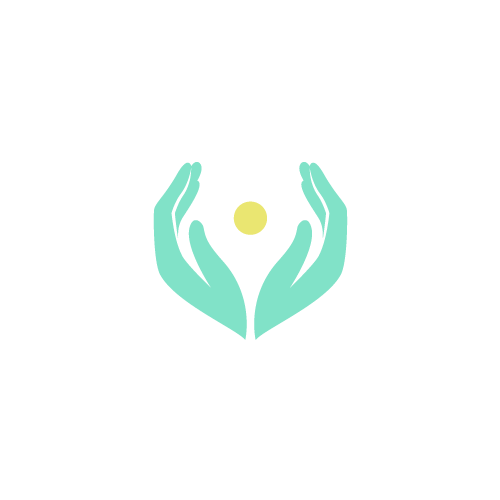 Illustration of two teal hands cupping a yellow circle, symbolizing care or protection.