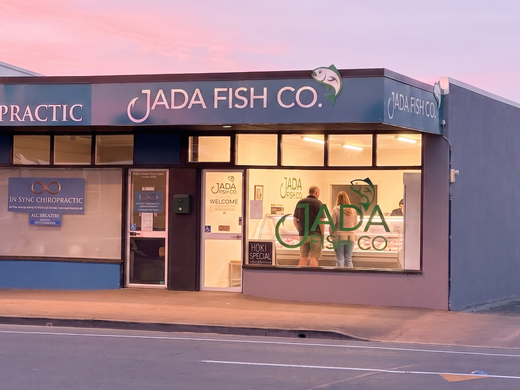 The storefront of Jada Fish Co. with a sign featuring a fish graphic. Inside the store, people are seen looking at fish in a display case. The store has large windows, and there is a pink and purple sky in the background.