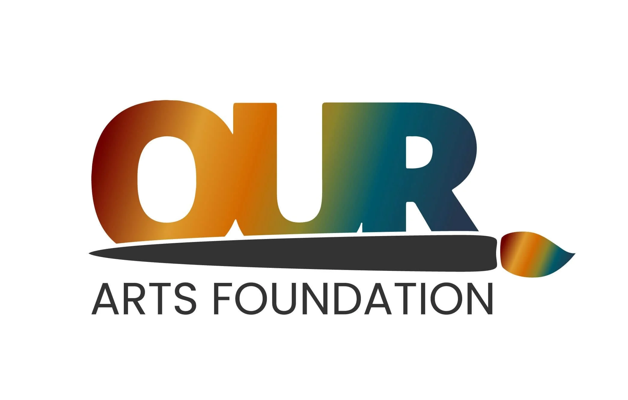 Logo for the Ours Arts Foundation featuring the word "OUR" in multicolored gradient letters, with a black paintbrush underneath and the words "ARTS FOUNDATION" in black below.