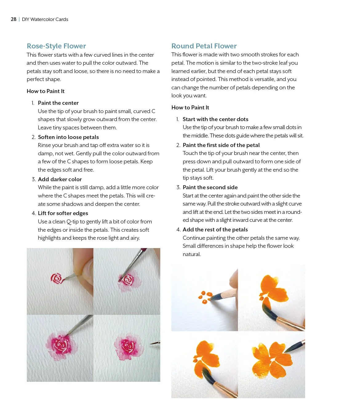 Steps for creating watercolor rose and round petal flowers, including painting the center, softening petals, adding darker color, and shaping petals with images of brushes and painted flowers.