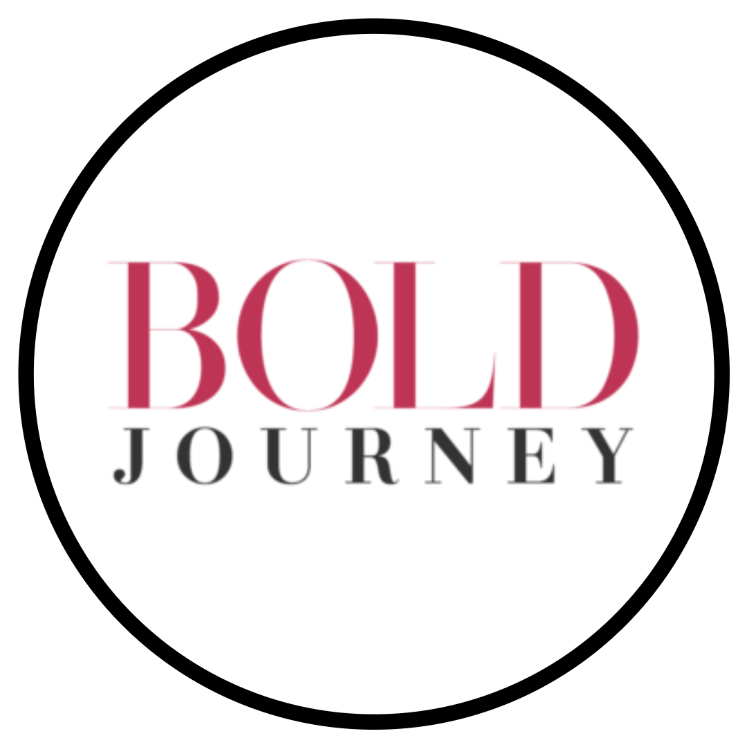 Logo with the words "BOLD JOURNEY" in large pink and black text on a white circular background.
