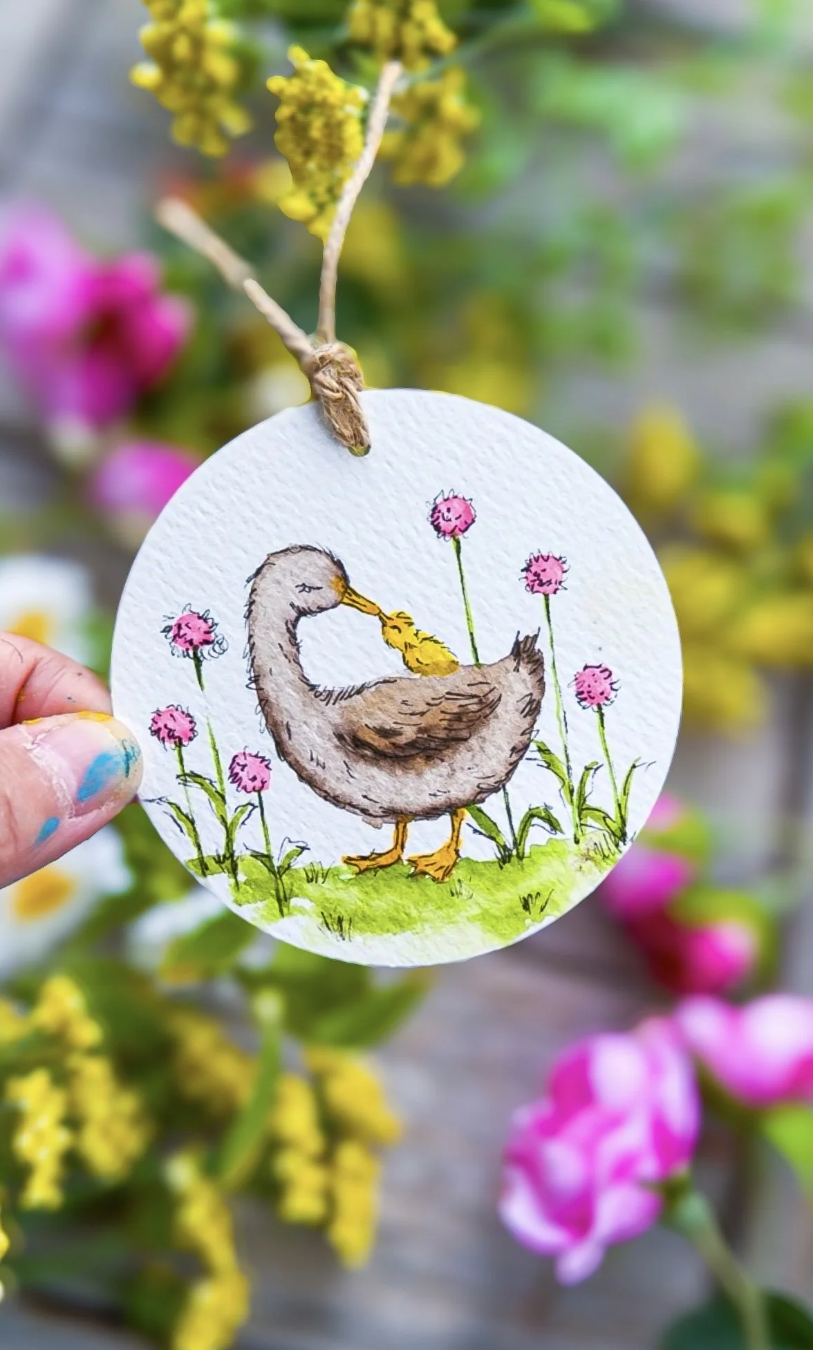 Mother duck and ducking in sweet watercolor