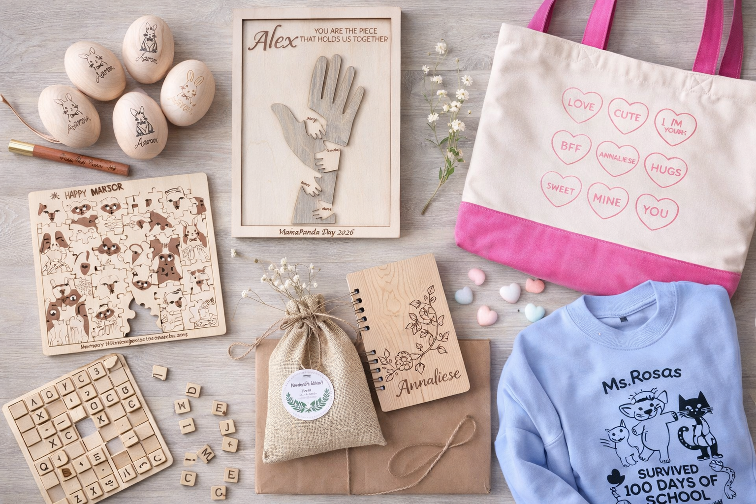 A flat lay of personalized gifts and accessories for a celebration, including wooden egg decorations with bunny drawings, a wooden puzzle featuring various dog faces, a framed hand with artwork, a small bottle wrapped in burlap, a notebook with a floral design and name 'Annaliese,' pastel heart-shaped candies, a pink and white tote bag with phrases like 'LOVE' and 'HUGS,' a light blue sweatshirt with a cat and dog graphic and text 'Ms. Rosas survived 100 days of school,' and a grid of alphabet tiles.