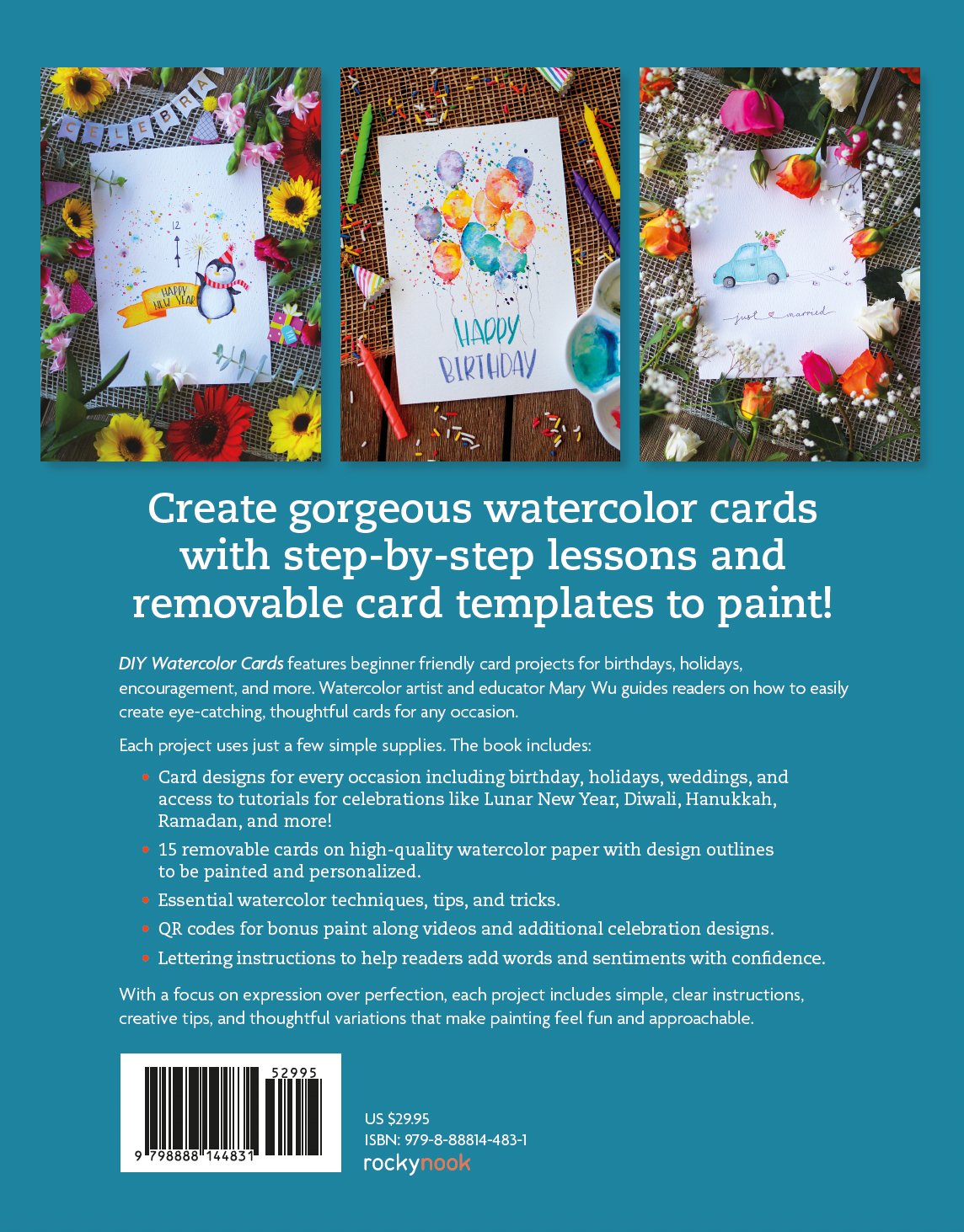 Back cover of a DIY watercolor card tutorial book showing three decorated watercolor cards with flowers and celebration themes, including a penguin, balloons, and a car, with text describing the contents and features of the book.