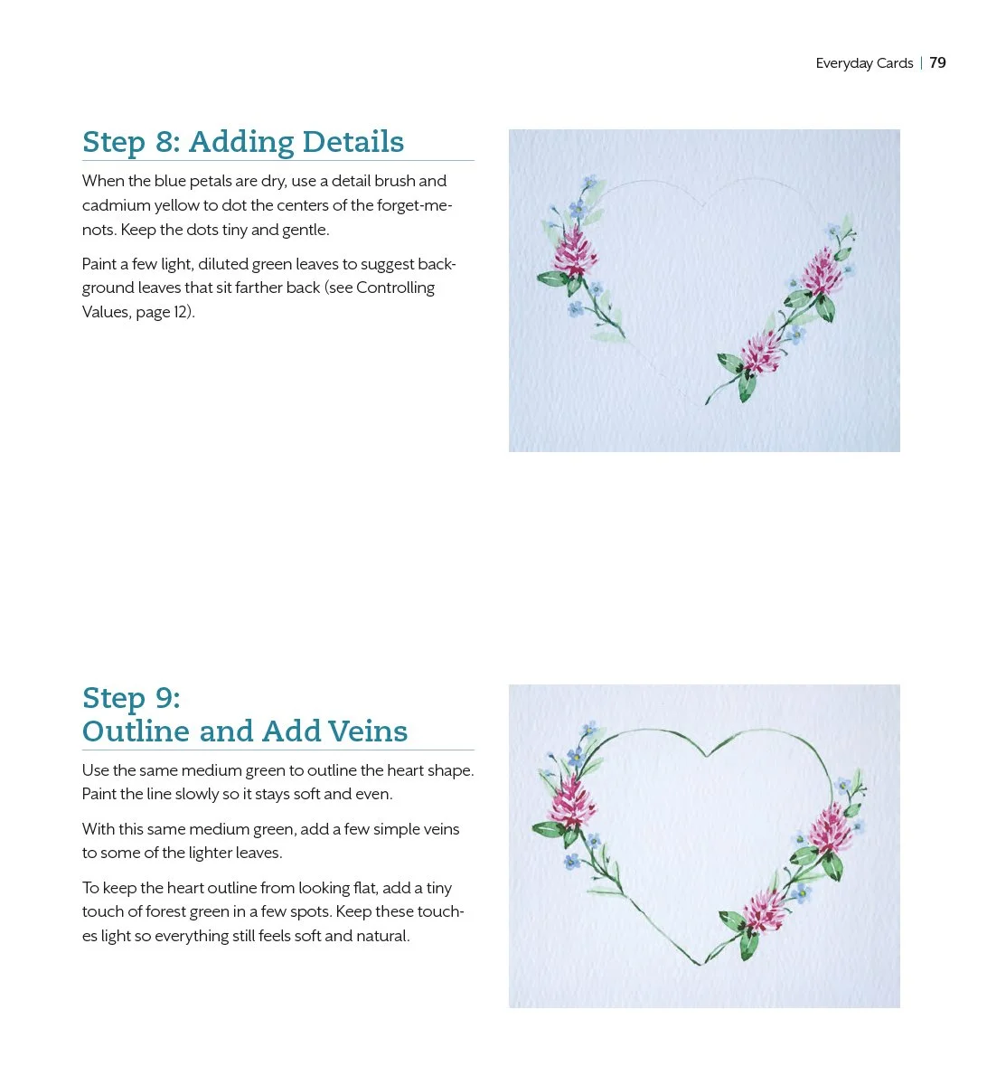 Watercolor painting of a heart-shaped flower design with pink flowers and green leaves, with step-by-step instructions on how to outline and add veins to the heart.