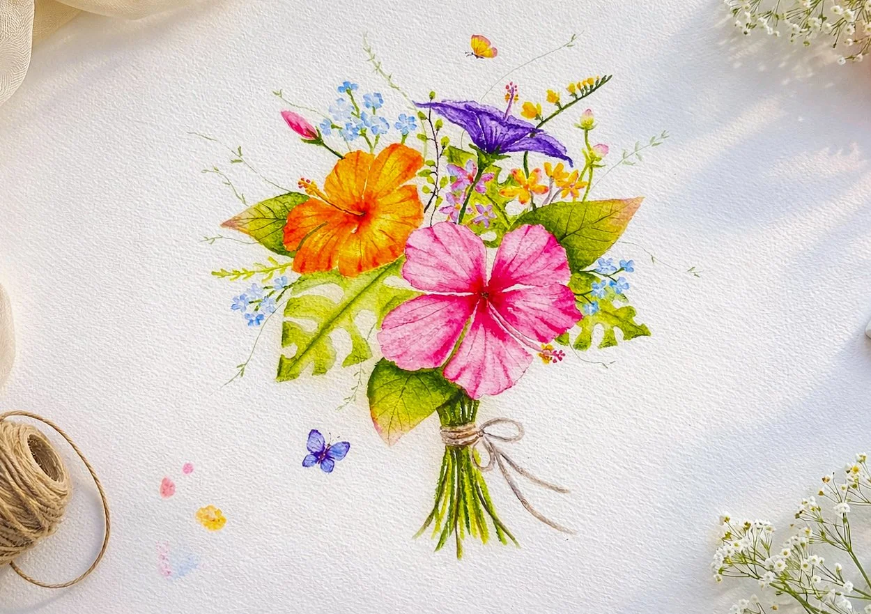 Watercolor painting of a colorful flower bouquet with pink, orange, purple, and yellow flowers, green leaves, and small butterflies and blossoms on white textured background.