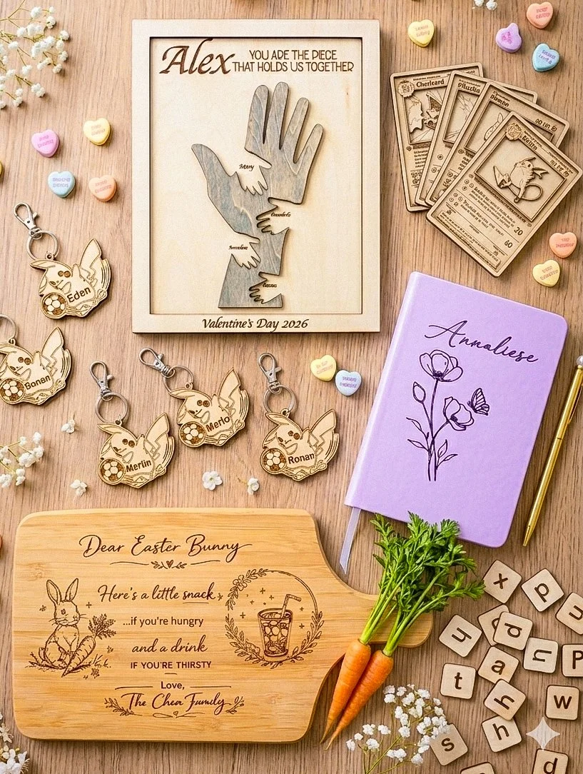 A flat lay of Valentine's Day and Easter themed items including a framed hand-lettered quote, keychains with bunny faces and names, a stack of Pokémon cards, a purple notebook with a flower drawing, a wooden tray with bunny and drink illustrations, a bunch of carrots with greens, Scrabble tiles, small heart-shaped candies, and white flowers on a wooden surface.