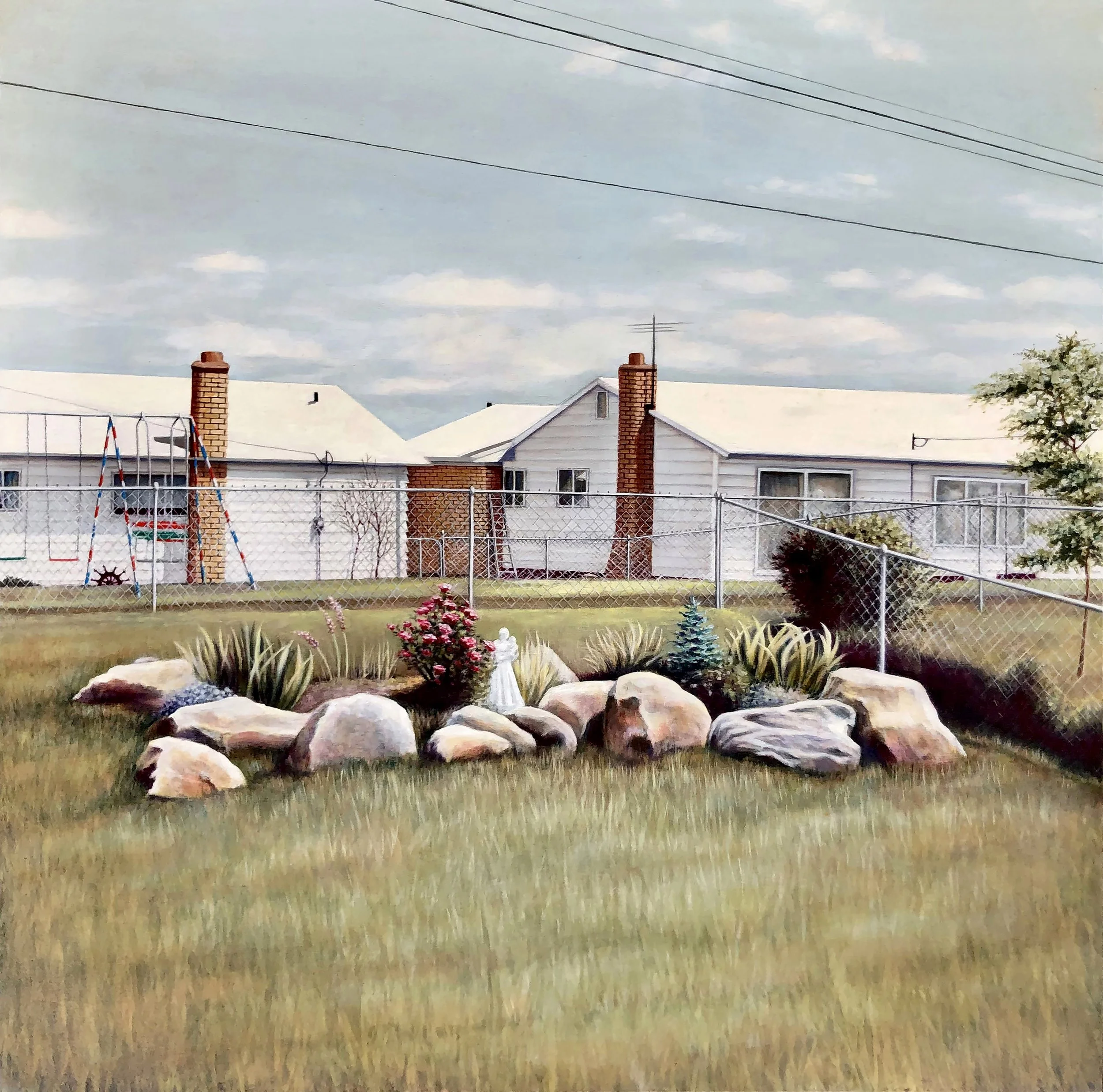 "The Neighbours Swingset",  24x24, oil on panel, 2023 (private collection)