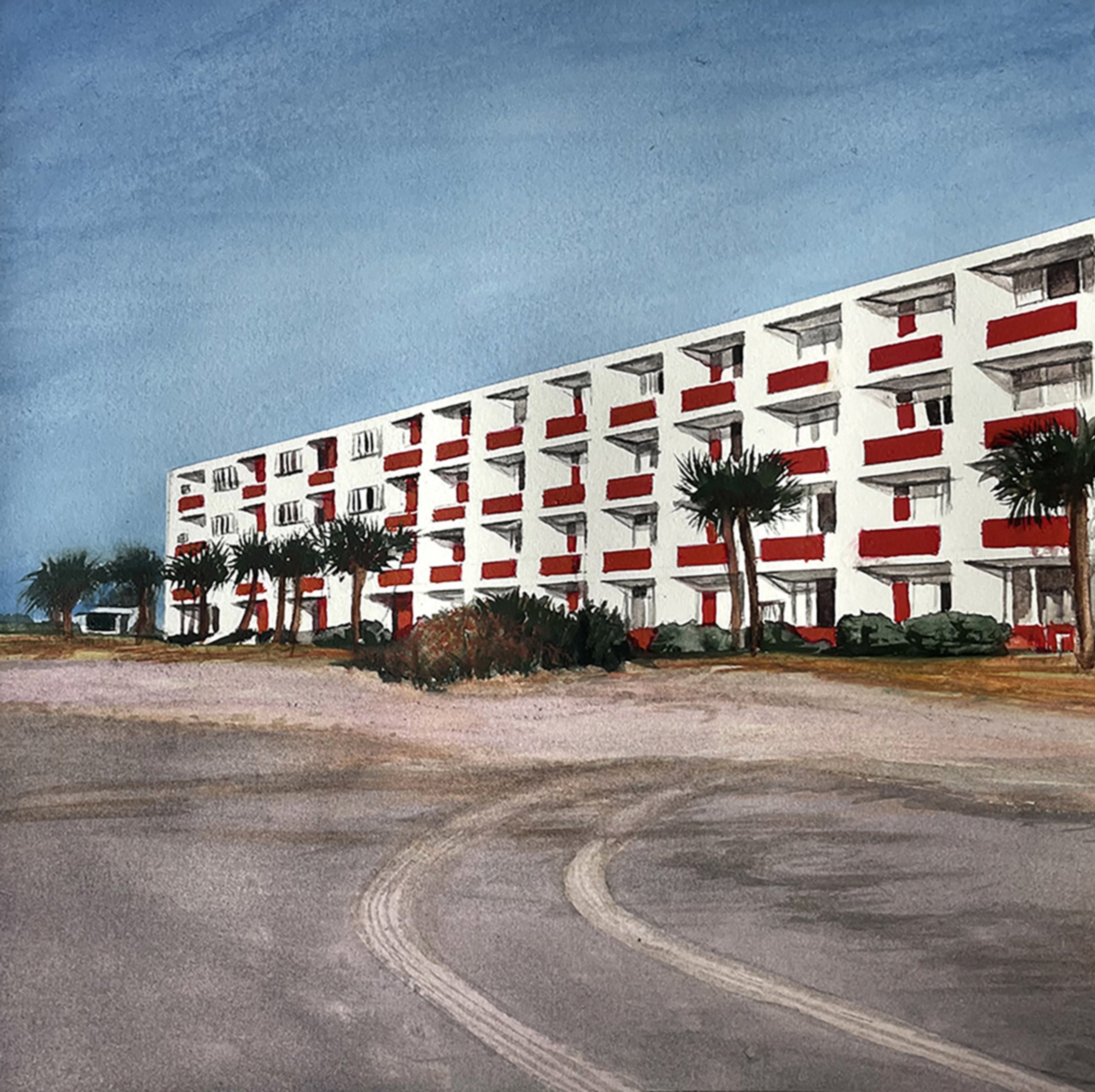 "Beach Motel", 8x8in, watercolour on Arches, 2023 (private collection)