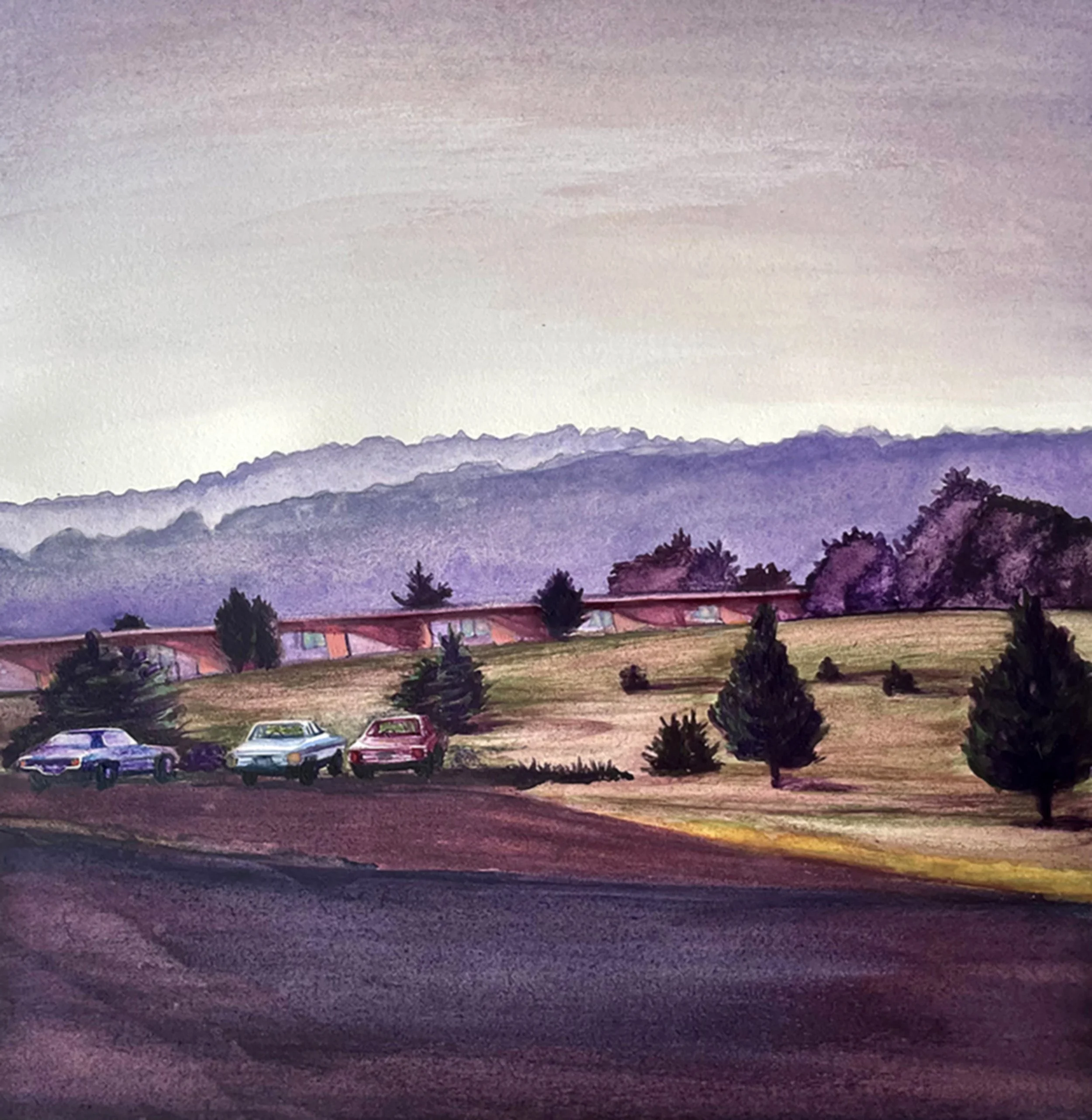 "Smokey Mountain Motel #2", 8.5x8.5in, watercolour on Arches, 2023 (available)
