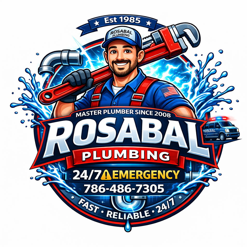 Logo for Rosabal Plumbing featuring a smiling plumber holding a large pipe wrench, with water splashes, a police-style emergency vehicle, and text indicating 24/7 emergency service, since 2008, and contact information.