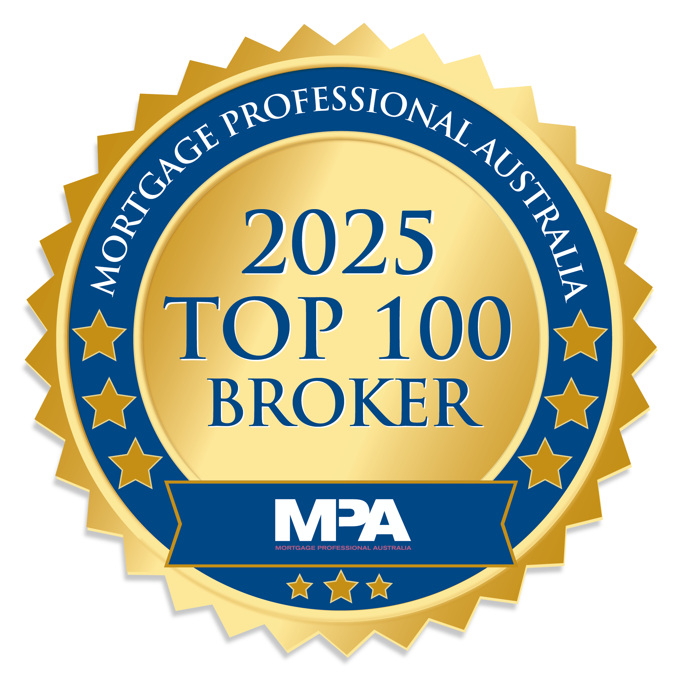 Gold and blue circular badge with the text '2025 Top 100 Broker' and smaller text 'Mortgage Professional Australia'.