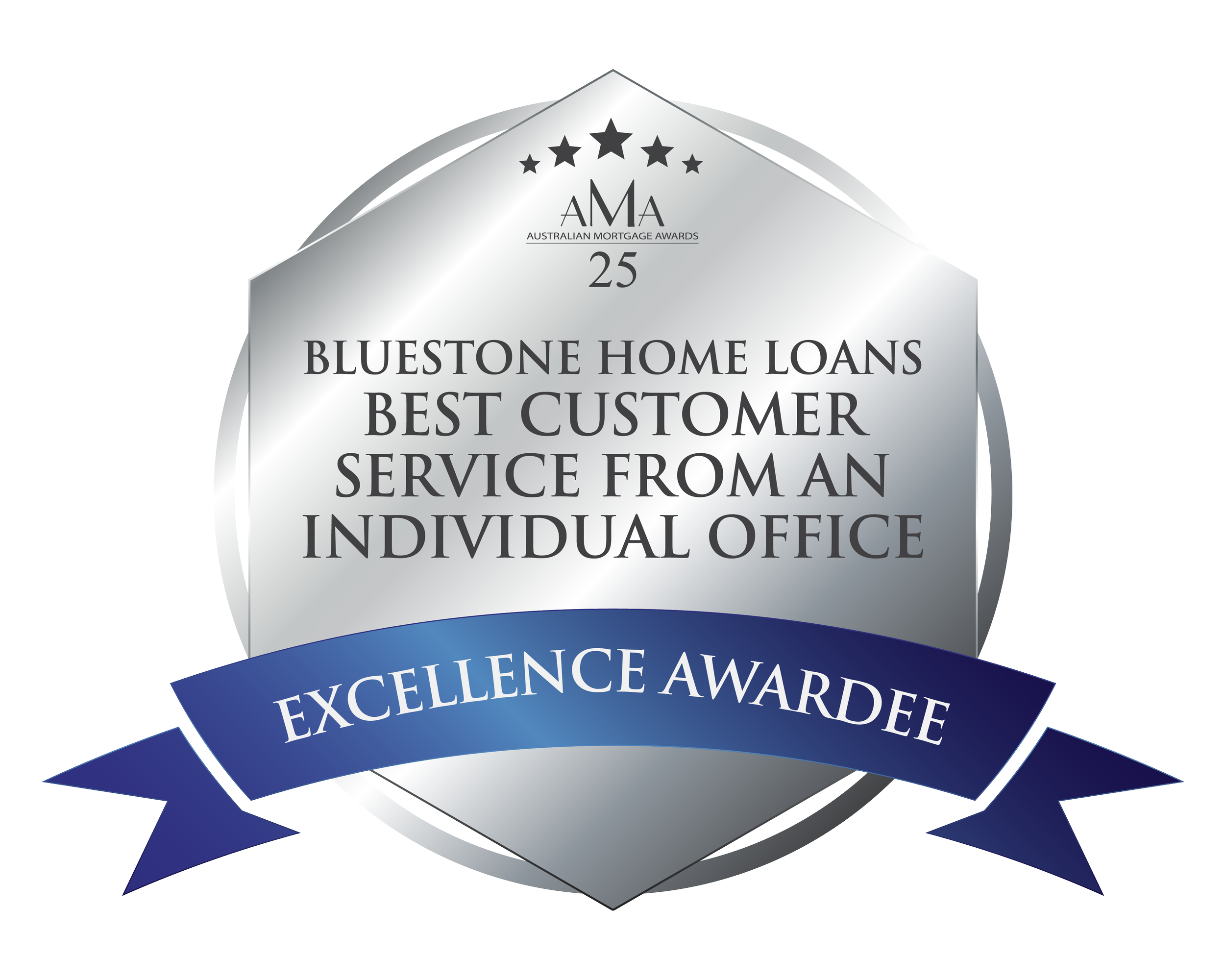 Silver award badge with blue ribbon that reads "Excellence Award" and a smaller badge on top that reads "Australian Mortgage Awards 25 Bluestone Home Loans Best Customer Service from an Individual Office".