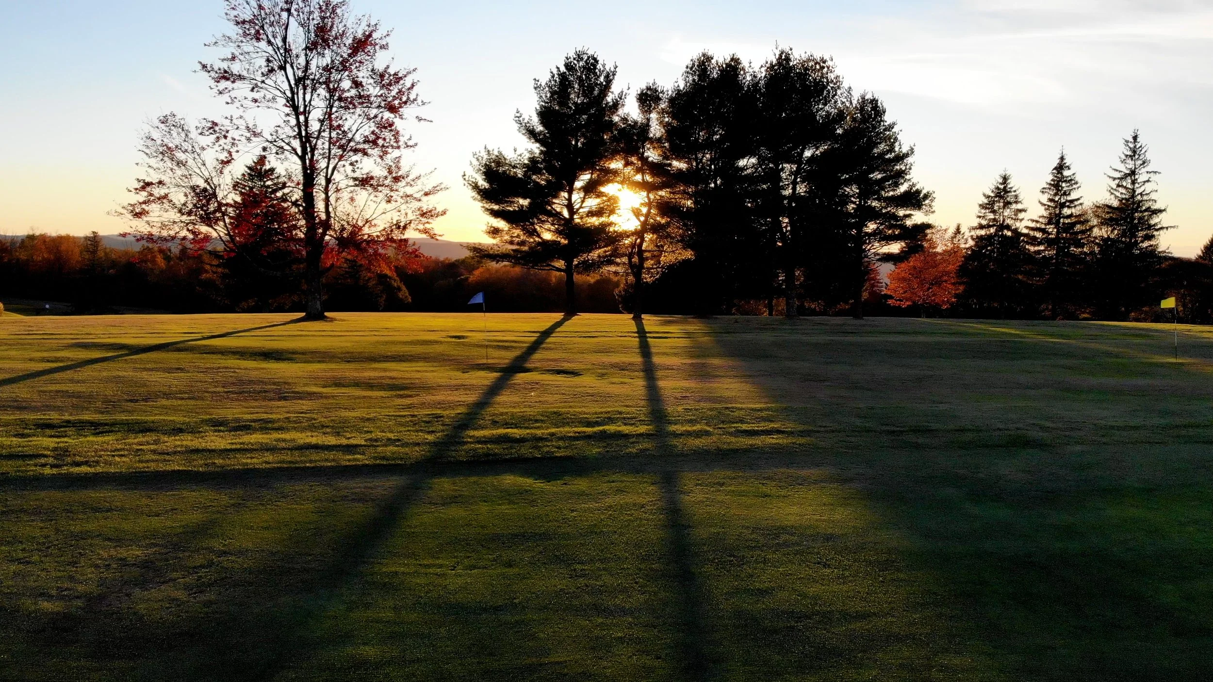 Sunset over a golf course with trees casting long shadows on the green grass.