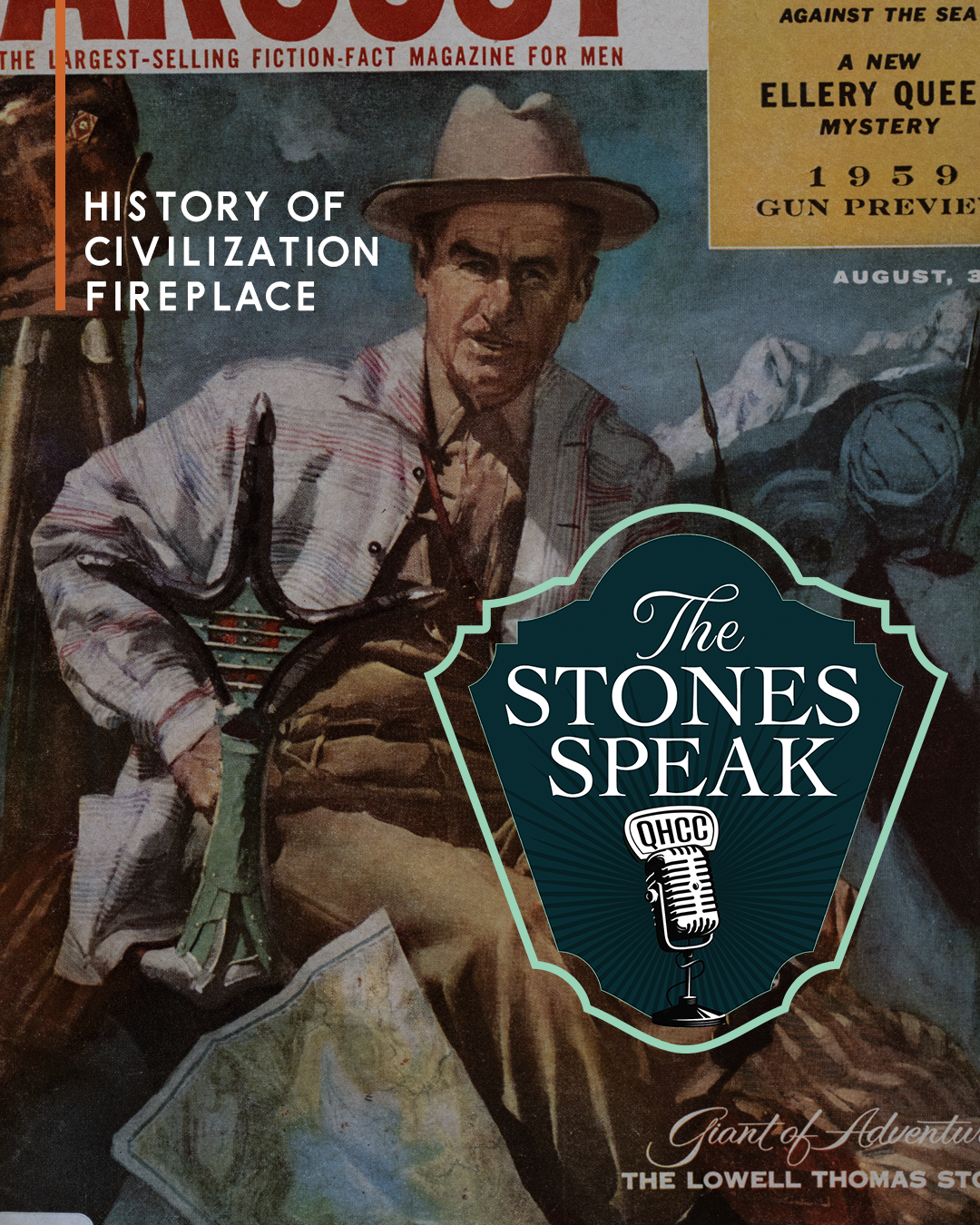 Cover of a magazine titled 'The Stones Speak' with a vintage illustration of a man in a hat and plaid shirt, holding a map, with mountain scenery in the background.