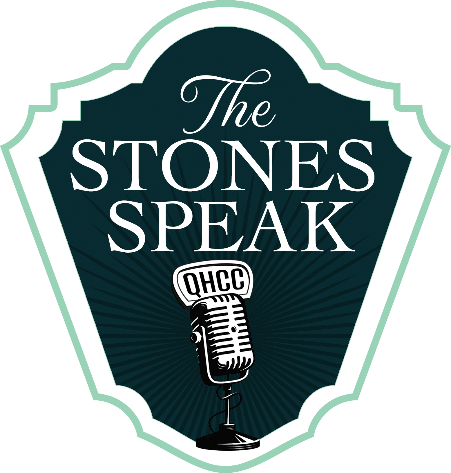 A graphic design with a dark background featuring text that says "The Stones Speak" and a microphone labeled "QHCC" at the bottom, with a lime green shape resembling a light bulb surrounding it.