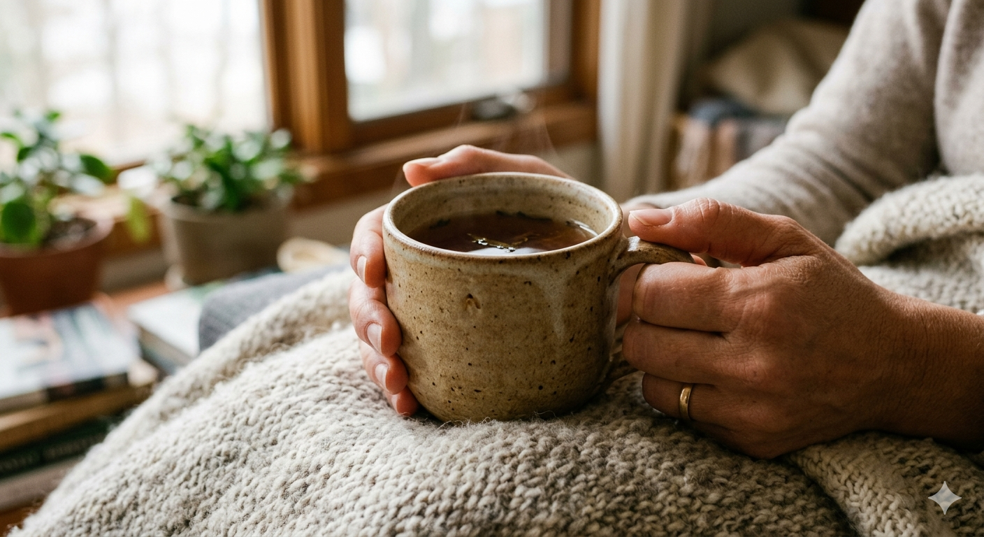 A person wrapped in a cozy blanket holding a warm mug, representing the comfort and care offered in grief therapy at Lotus Flower Counseling