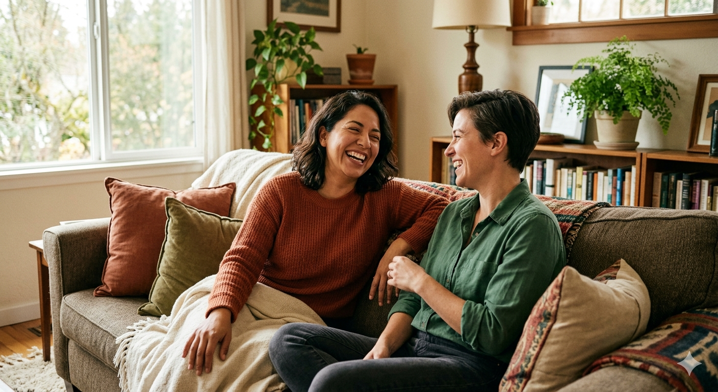 Two women laughing together on a couch, representing the safe and affirming space for LGBTQ+ clients at Lotus Flower Counseling