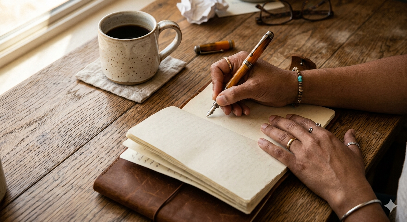 A person journaling at a wooden table, representing self-reflection and the inner work of ADHD therapy at Lotus Flower Counseling