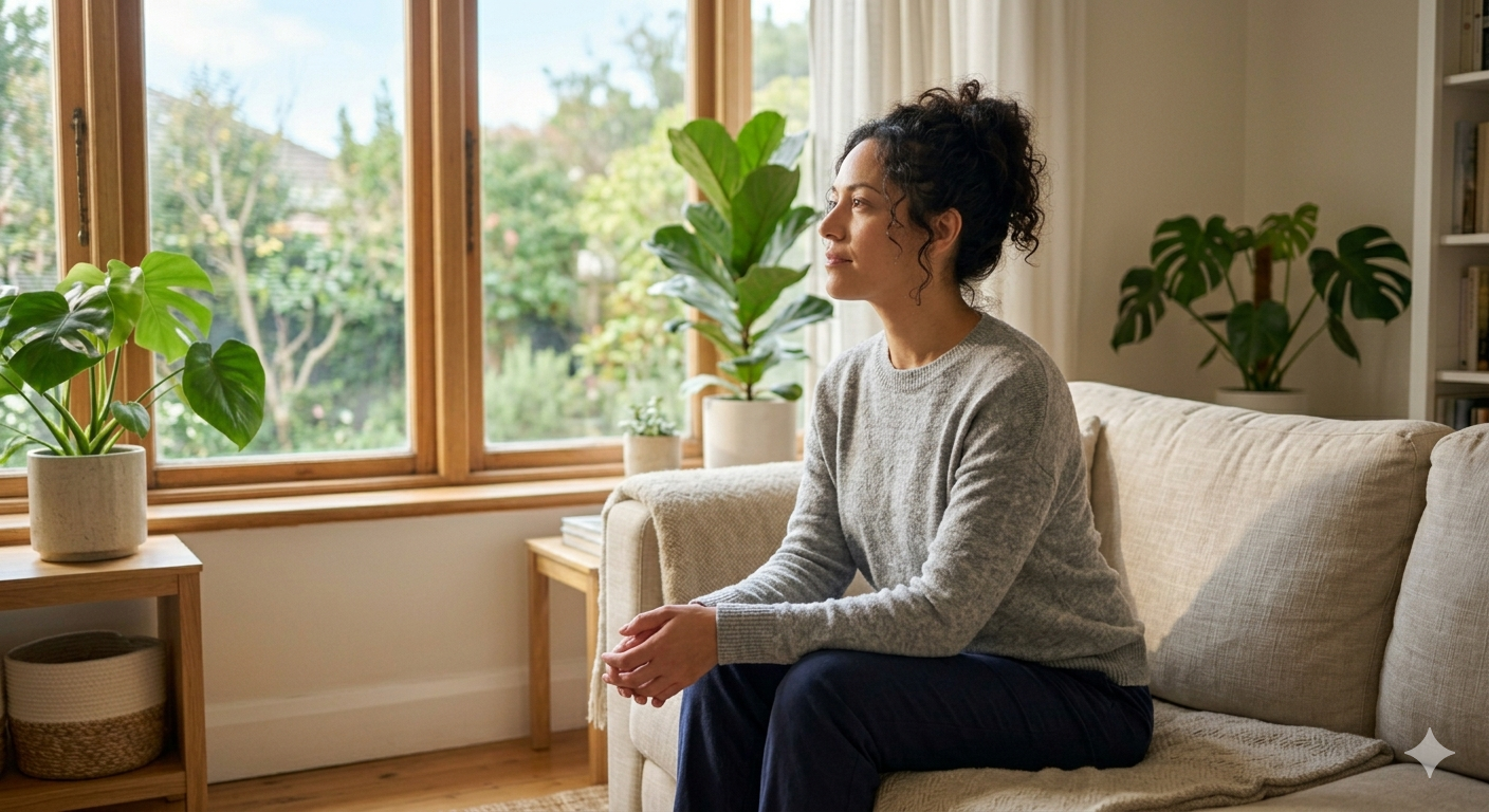 A woman sitting thoughtfully in a cozy living room, representing the calm and relief that anxiety therapy can bring at Lotus Flower Counseling