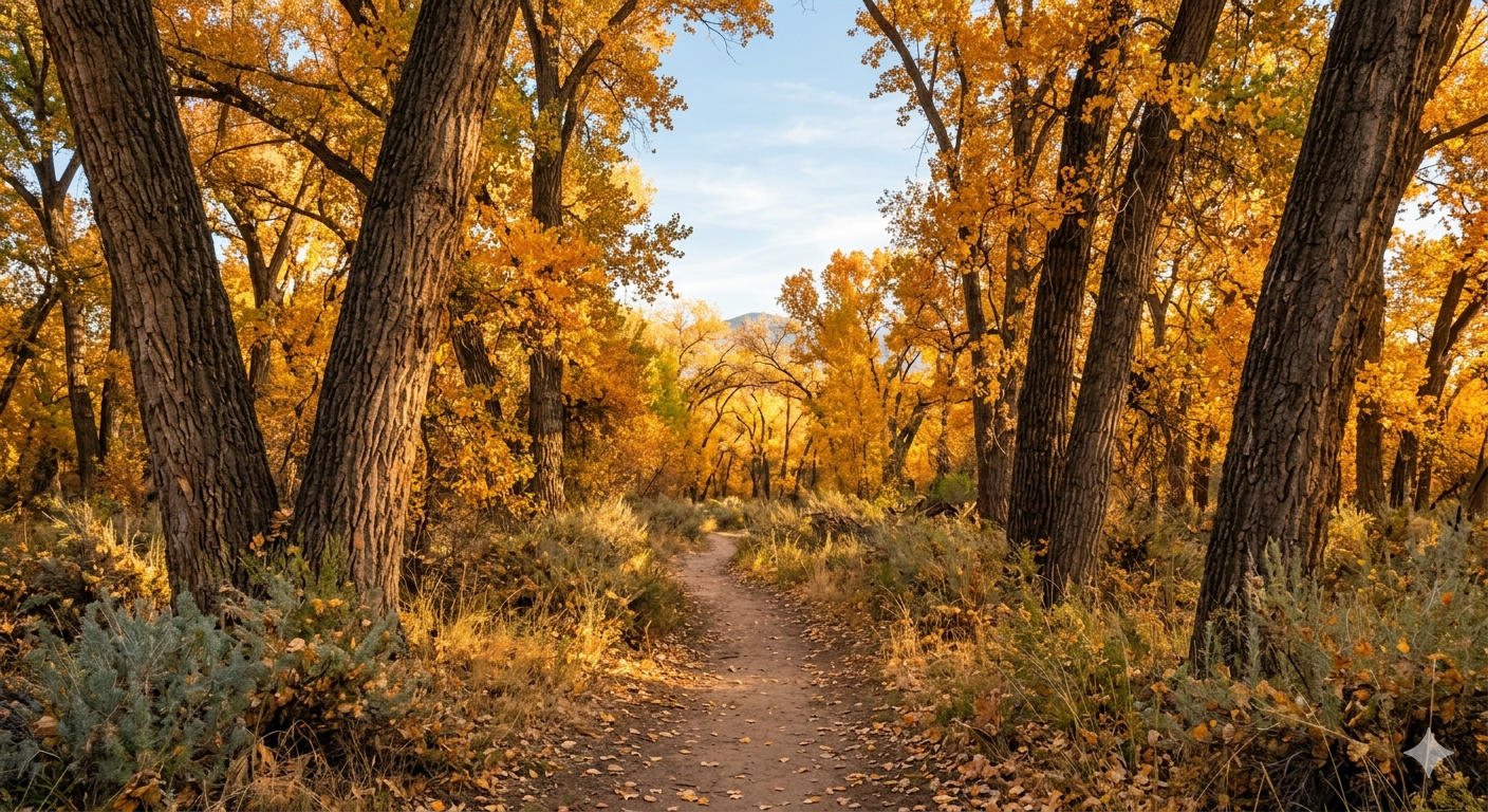 A peaceful autumn path through cottonwood trees, representing the journey of healing from trauma at Lotus Flower Counseling