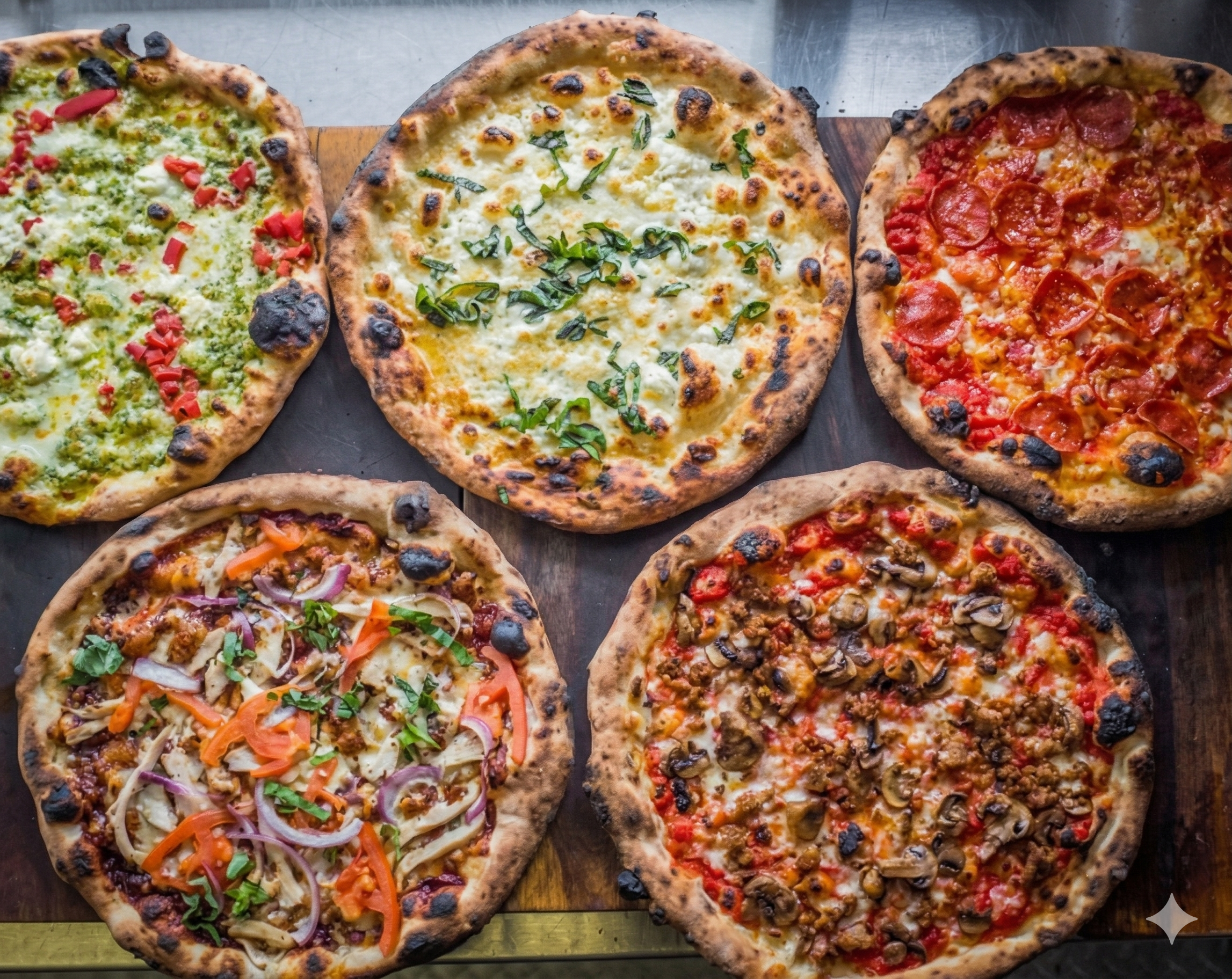 Five different pizzas on a pizza board, topped with various ingredients such as vegetables, meats, and cheeses.
