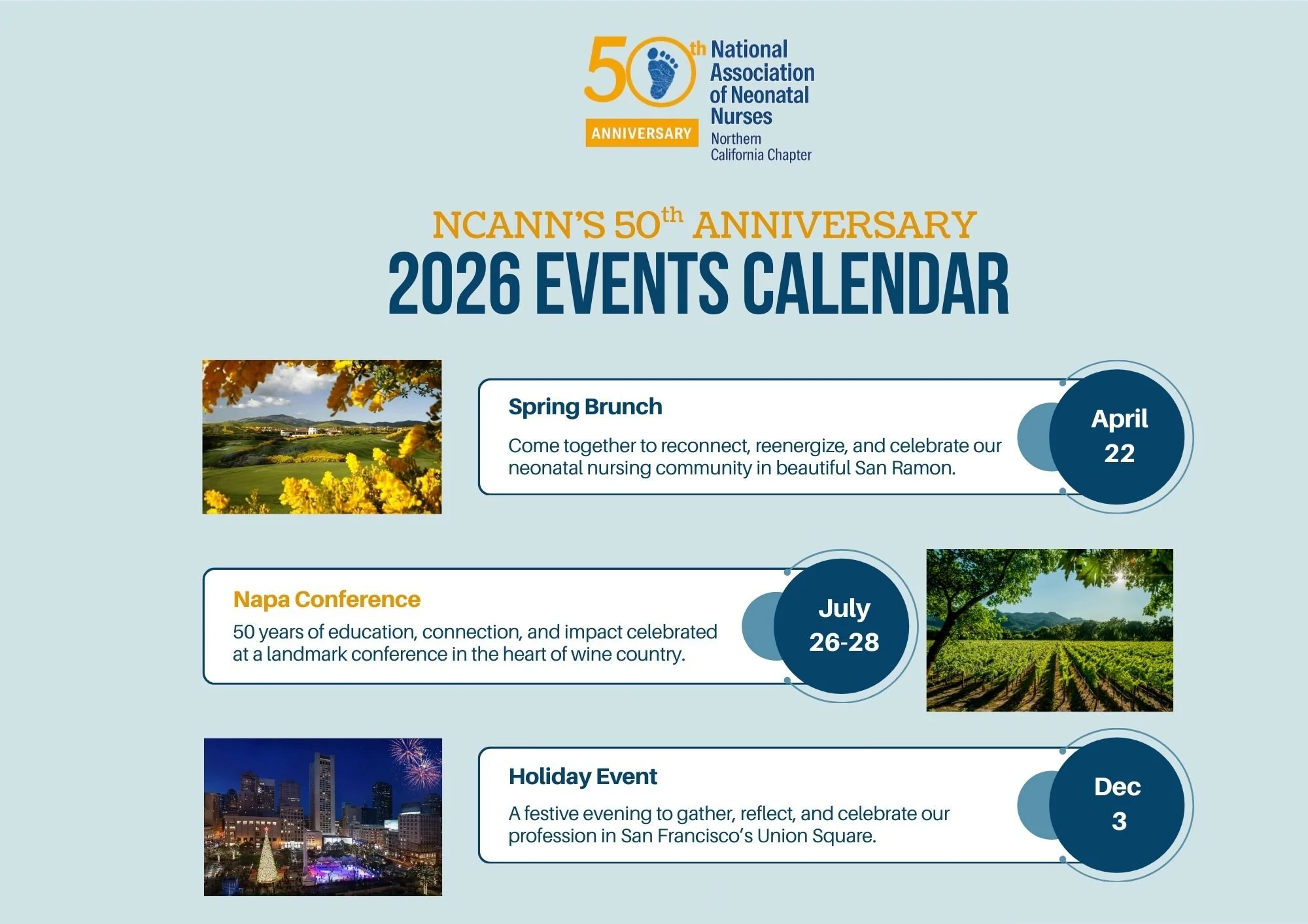 The image shows the 2026 events calendar for the Northern California Chapter of the National Association of Neonatal Nurses, including events like Spring Brunch on April 22, Napa Conference from July 26-28, and a Holiday Event on December 3, with photographs of scenic California landscapes and city nights.