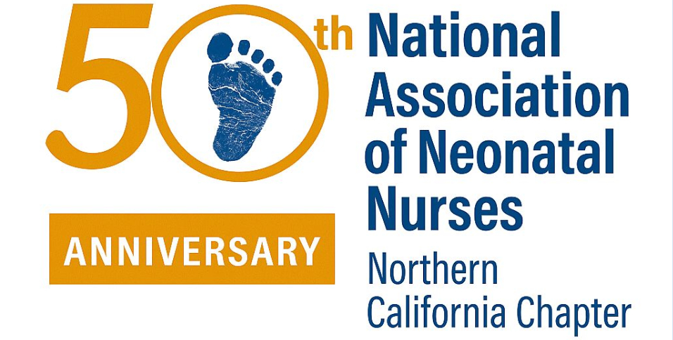 Logo celebrating the 50th anniversary of the Northern California Chapter of the National Association of Neonatal Nurses, featuring a blue infant footprint inside a circle, with bold orange and blue text.