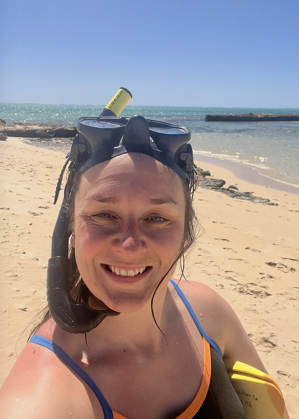 A smiling woman with wetsuit and snorkeling gear on a sandy beach, with ocean, rocks, and blue sky in the background.