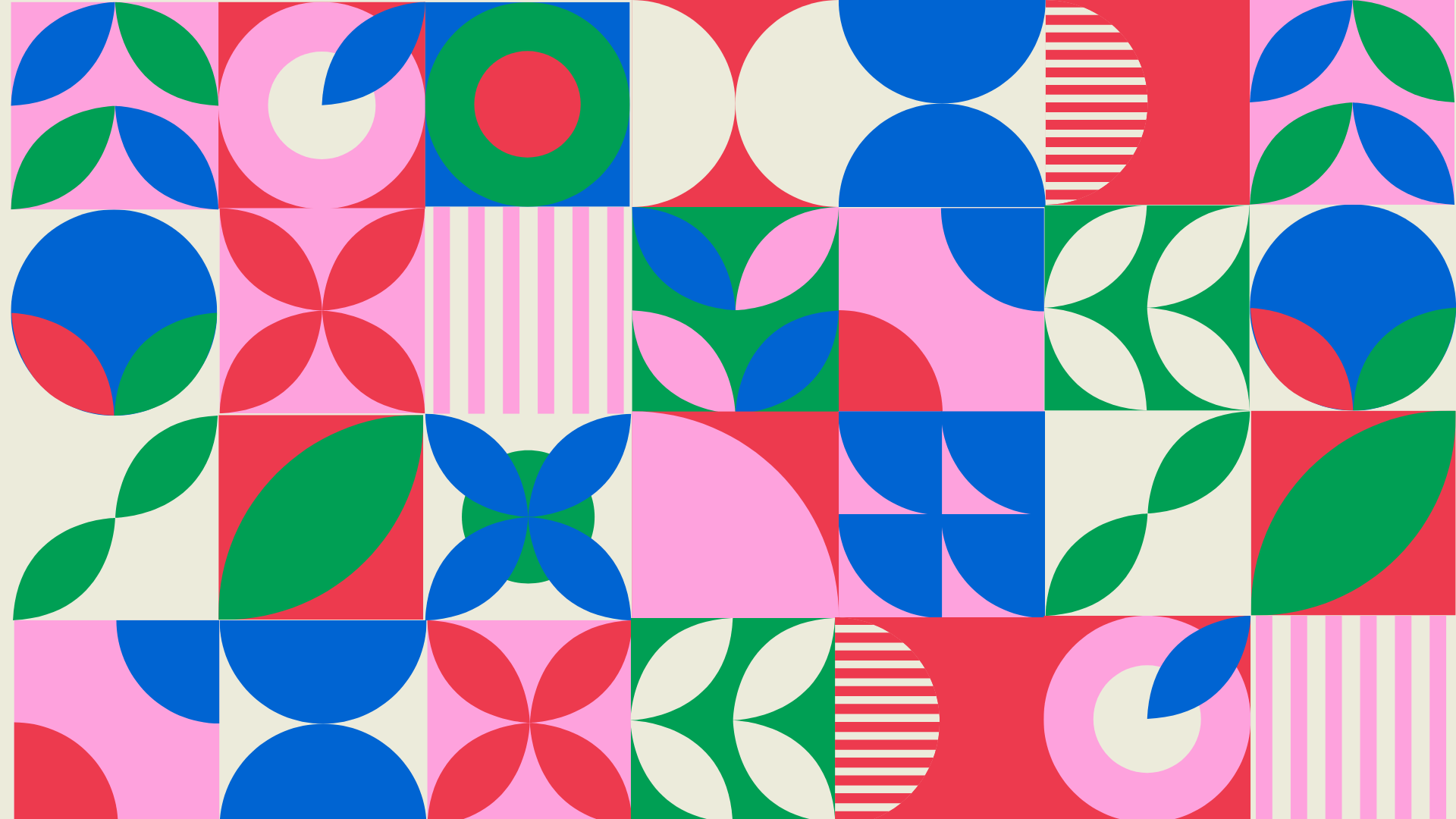 A colorful, geometric pattern composed of various circles, semi-circles, and leaf shapes in pink, red, green, blue, and cream colors arranged in a grid.