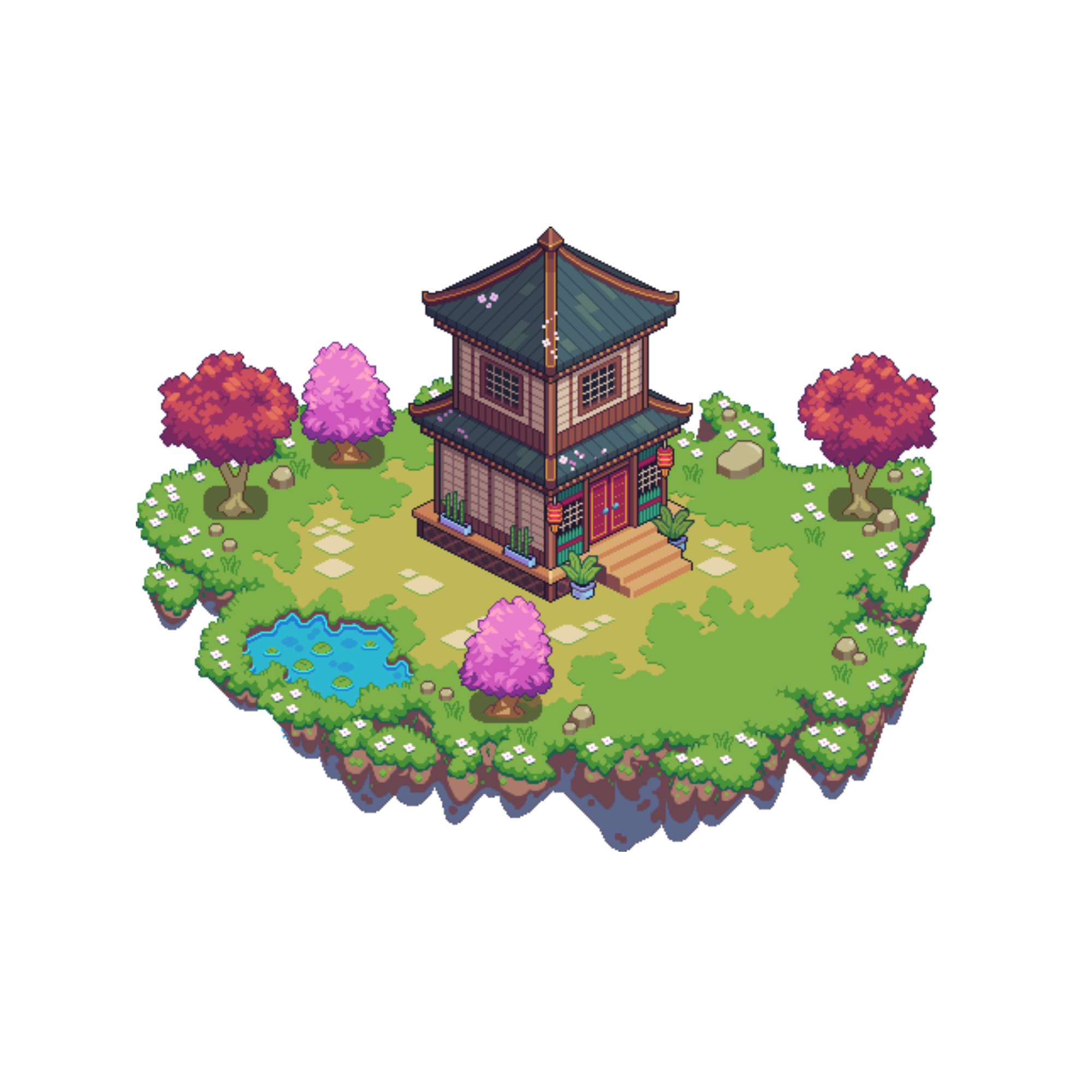 Pixel art illustration of a traditional Japanese-style house on a floating grassy island with pink cherry blossom trees, a small pond, and flowering plants.