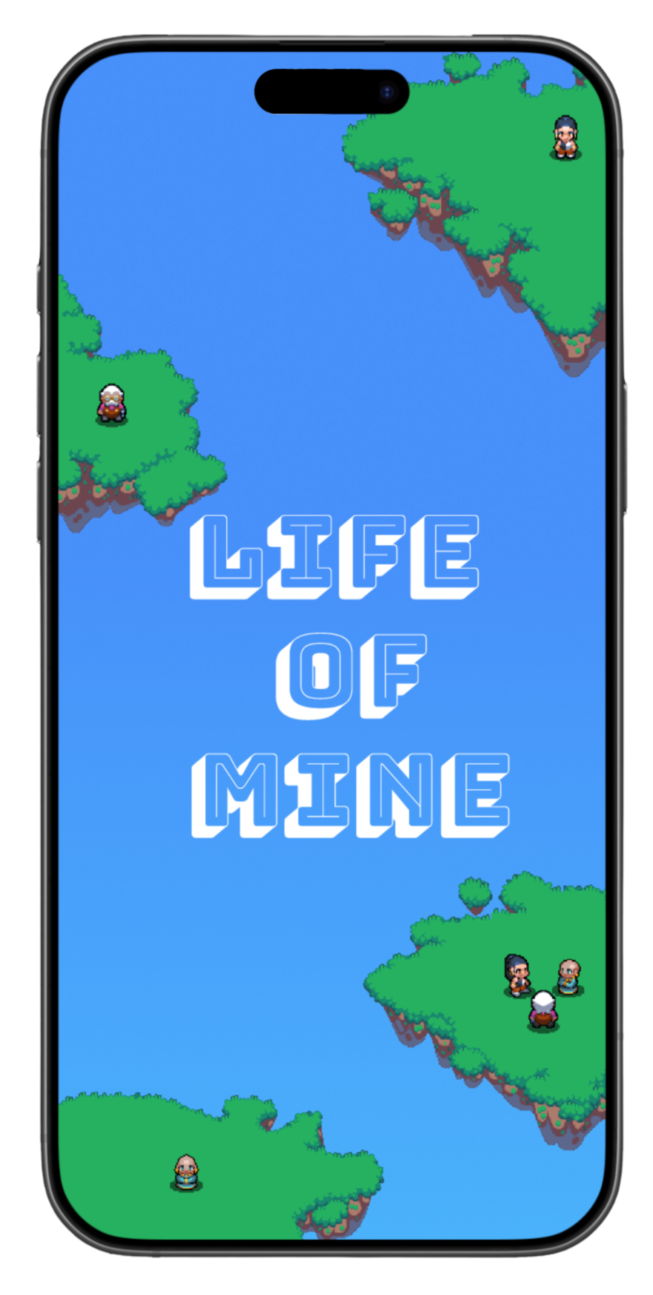 A mobile game screen titled "Life of Mine" featuring pixel art style landscape with floating green islands, pixel characters, and a blue background.