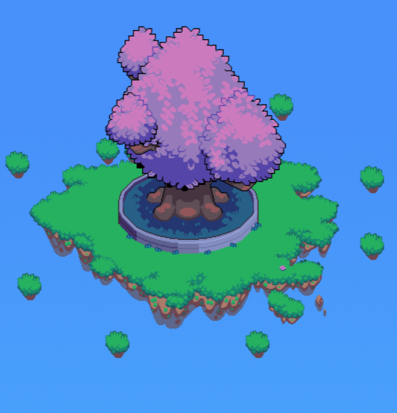 Pixel art of a floating island with a large pink and purple tree in a circular pond, surrounded by small floating grass patches.