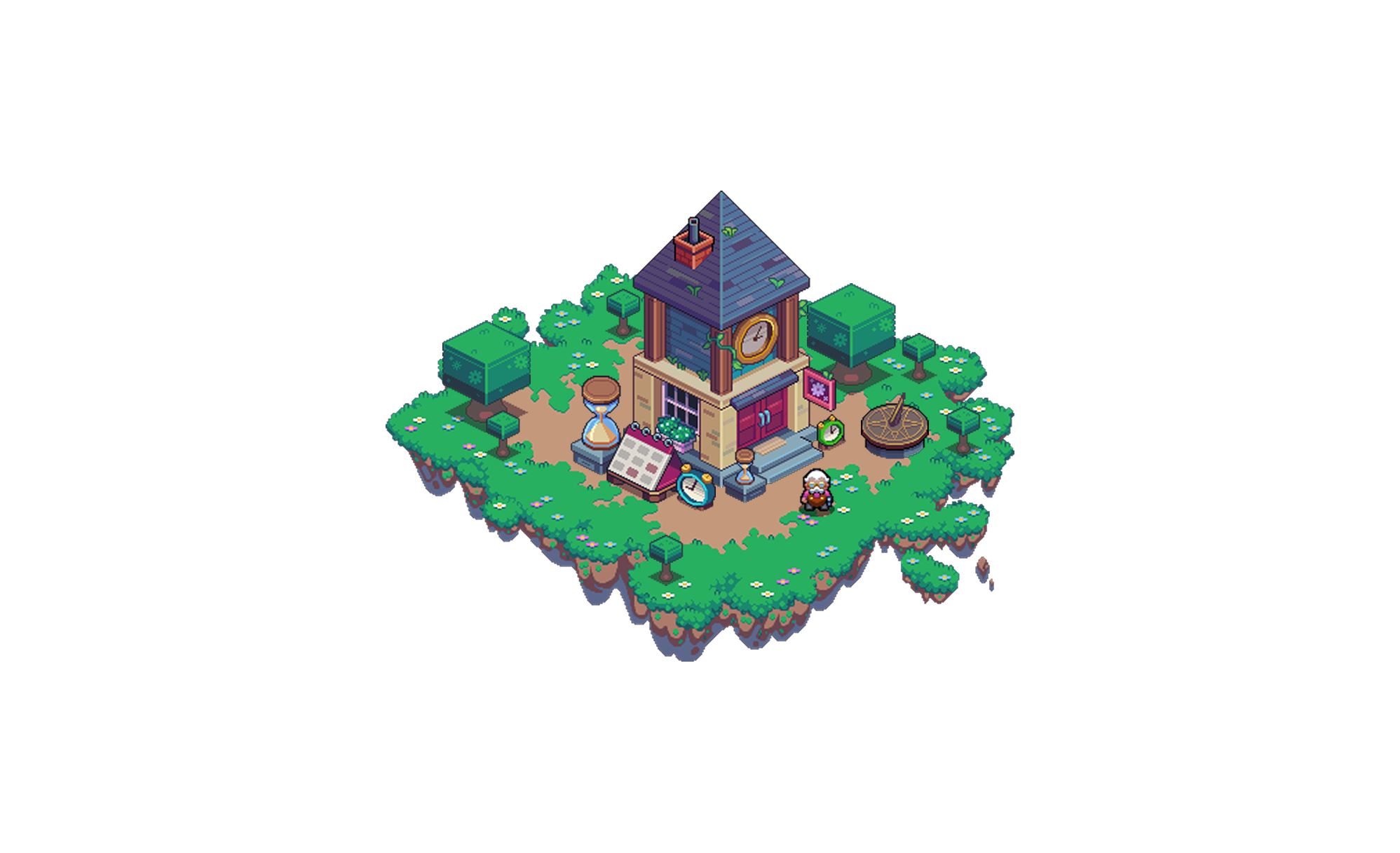 Isometric pixel art of a small floating island with a building that has a clock tower, surrounded by green bushes and trees, with an hourglass, a magnifying glass, and other small decorative items.