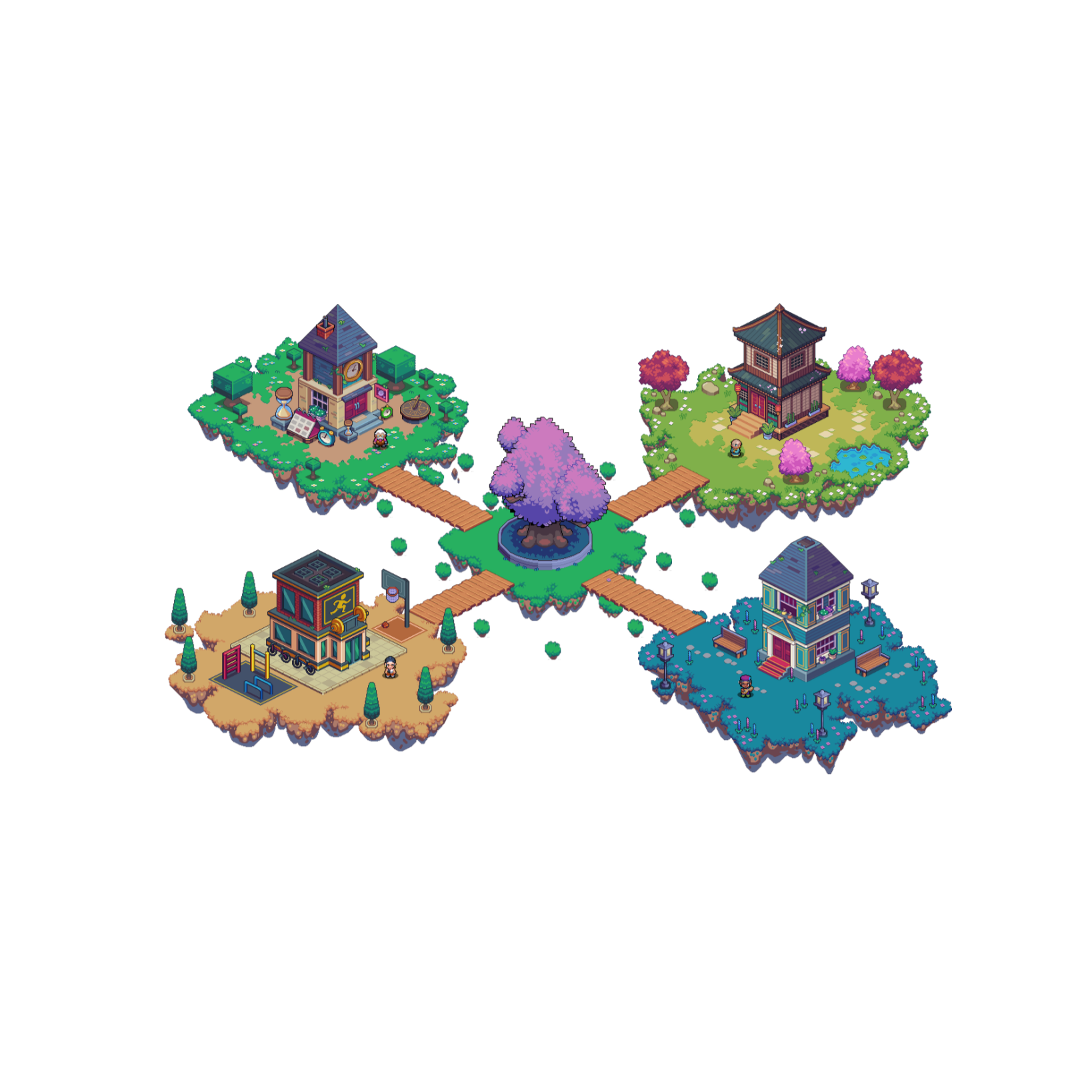 Illustration of four colorful floating islands connected by wooden bridges, with a central purple tree, each island featuring different buildings, trees, and outdoor decor.
