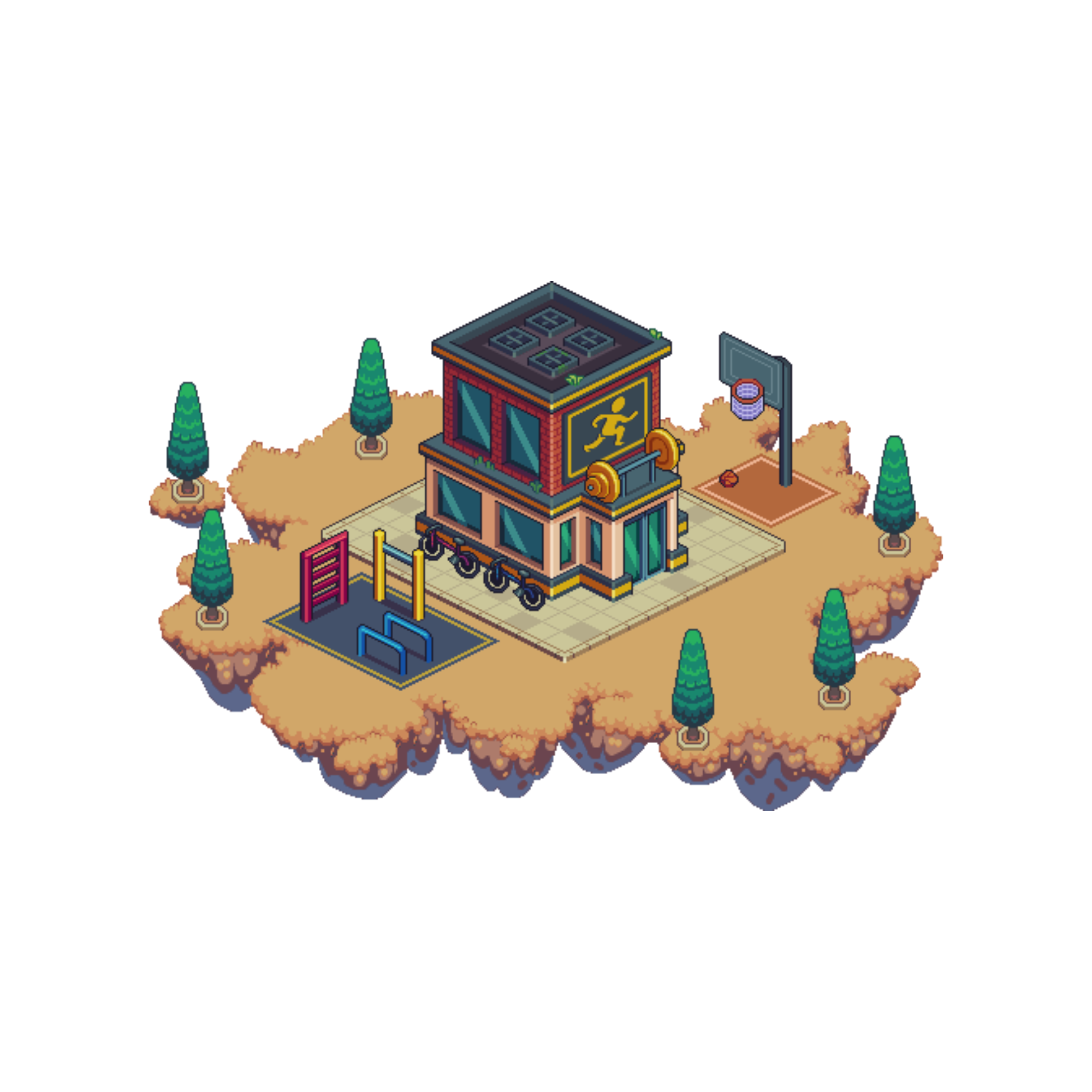Pixel art illustration of a small outdoor gym on a floating patch of land with trees, gym equipment, and a basketball hoop.