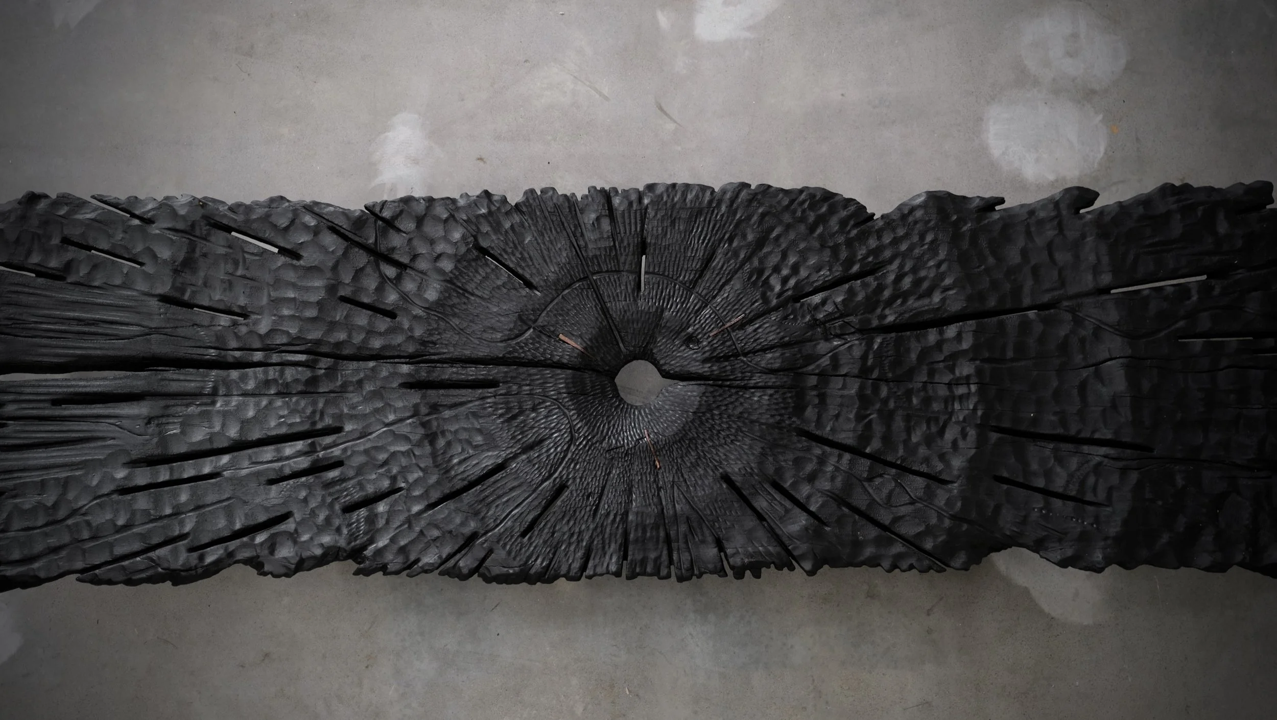 Reclaimed mahogany Shou Sugi Ban ceremonial table with copper details — Kitsune Moon Studio Byron Bay