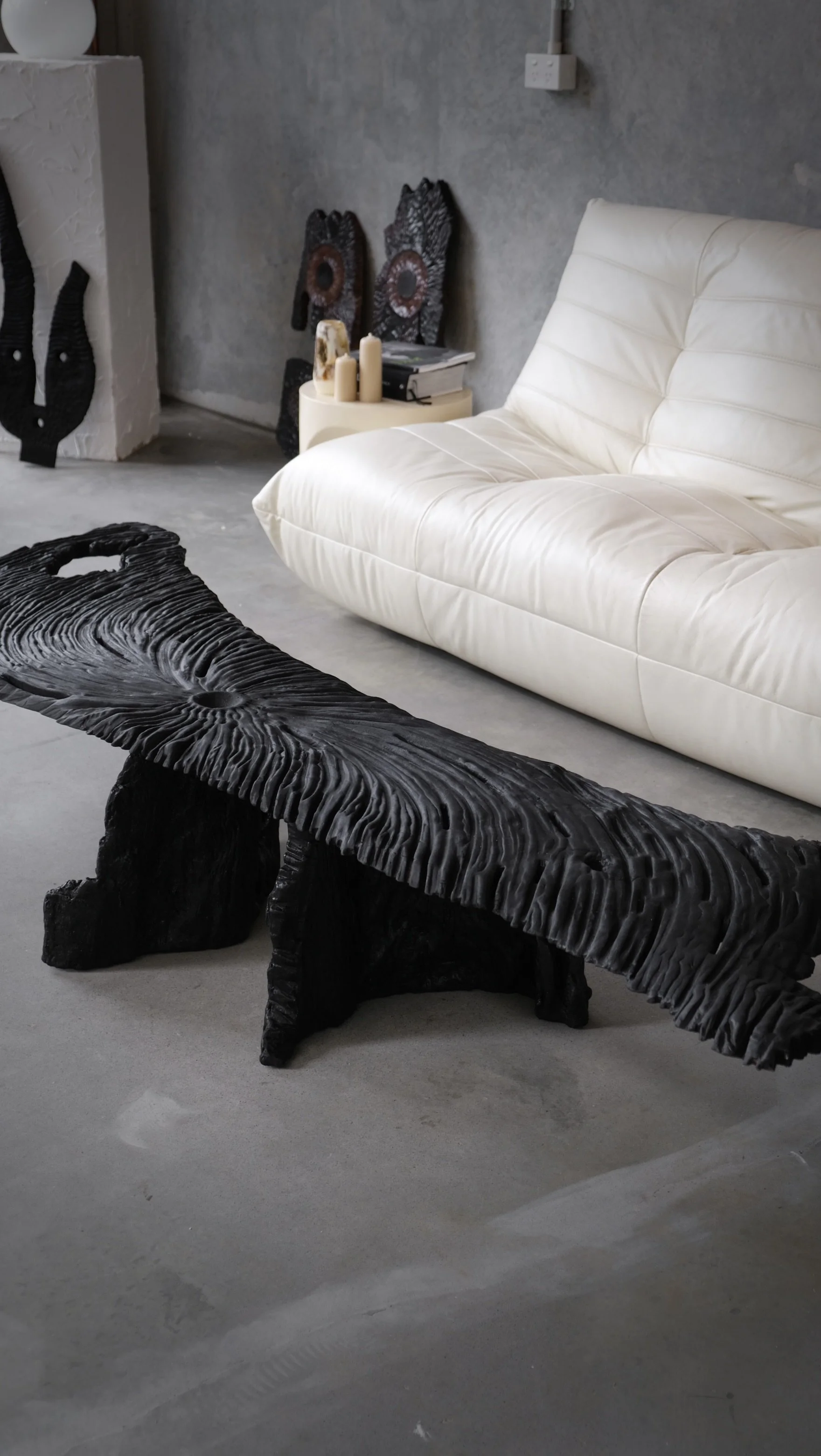 Sculptural reclaimed red cedar Shou Sugi Ban coffee table — Kitsune Moon Studio Byron Bay