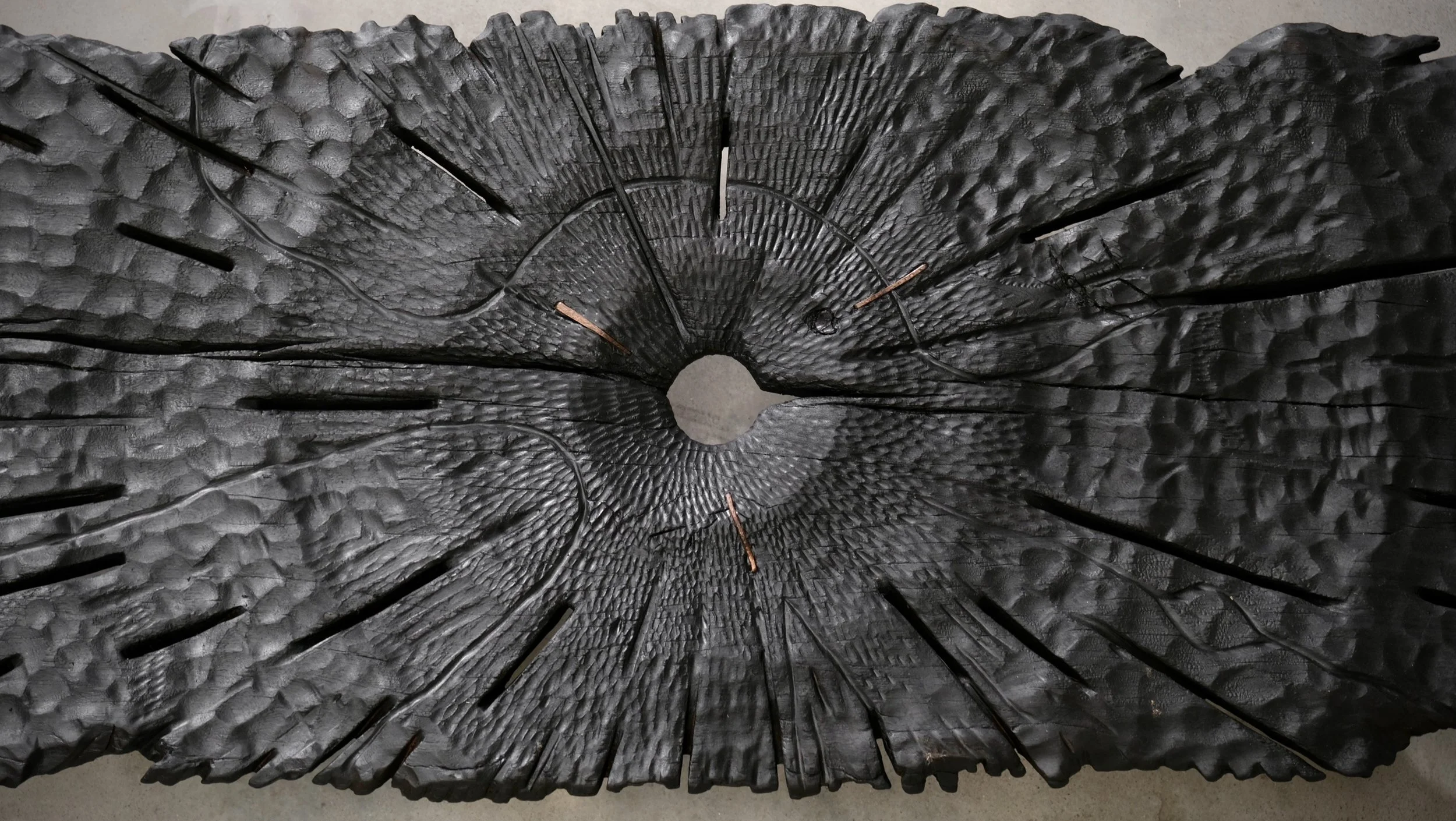 Reclaimed mahogany Shou Sugi Ban ceremonial table with copper details — Kitsune Moon Studio Byron Bay