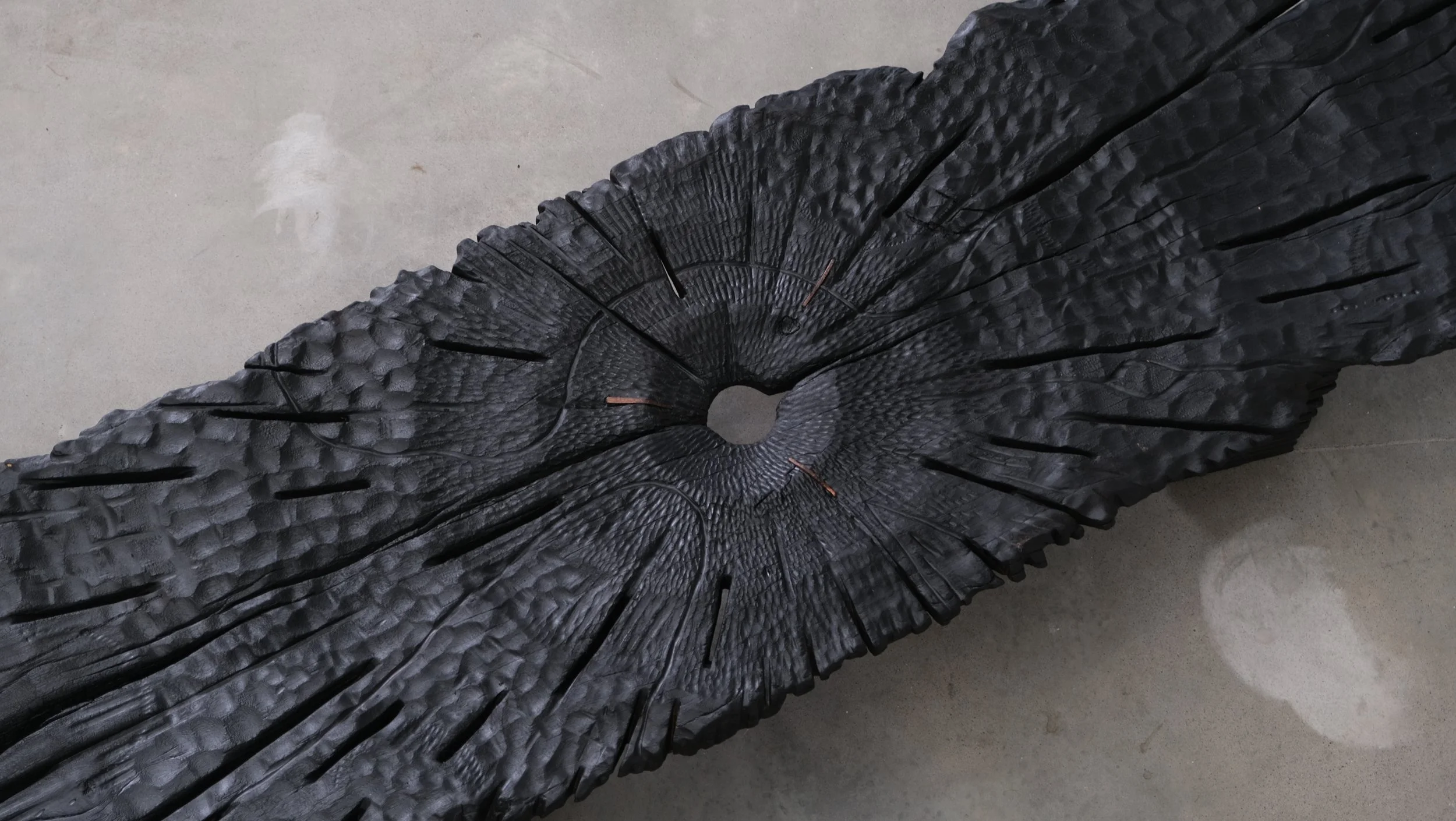 Reclaimed mahogany Shou Sugi Ban ceremonial table with copper details — Kitsune Moon Studio Byron Bay