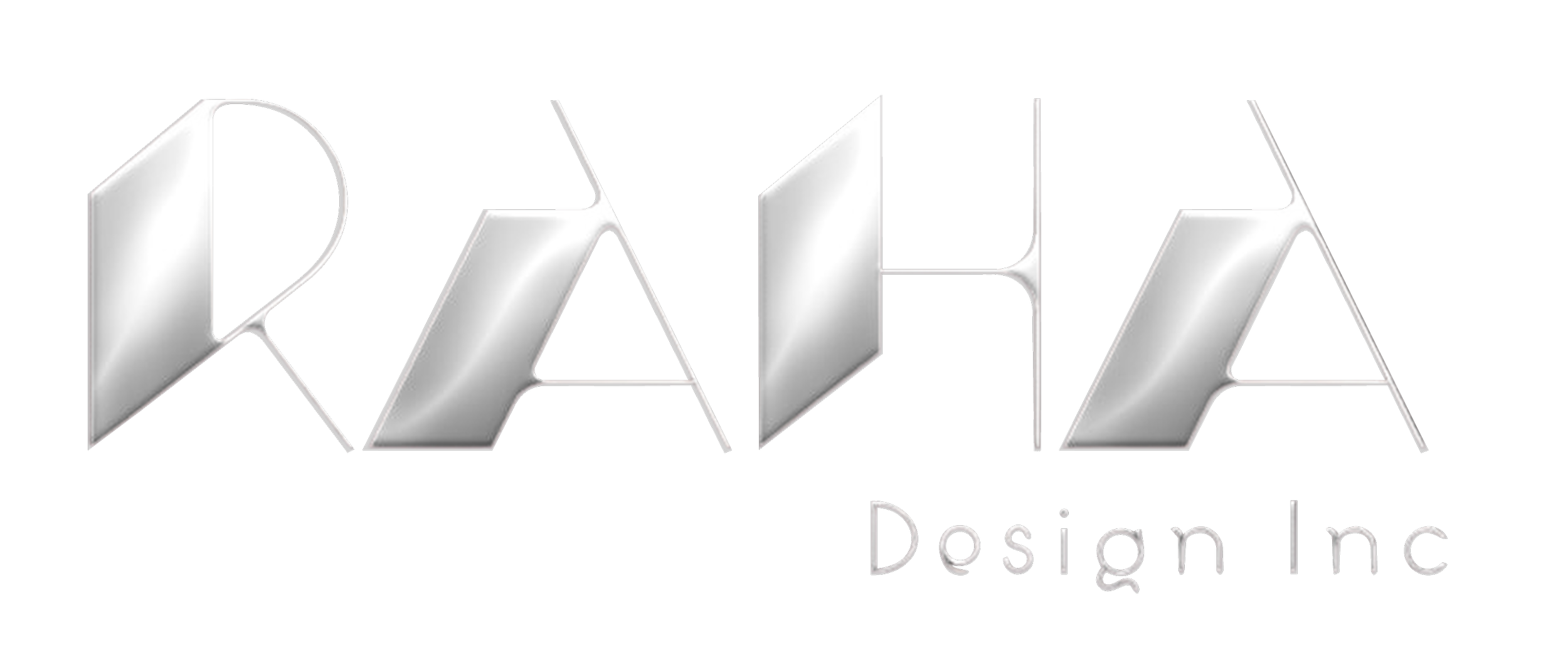 The logo of Raha Design Inc. in a metallic, 3D style with silver and black colors.