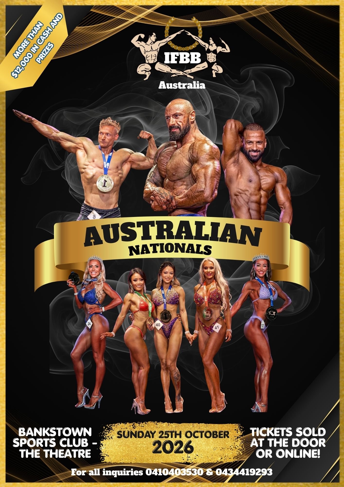 Poster for the 2026 Australian Nationals bodybuilding competition, featuring muscular male and female bodybuilders in competition poses, event details including date, location at Bankstown Sports Club, tickets sold at the door or online, and contact numbers, with a black and gold design and smoke effects.