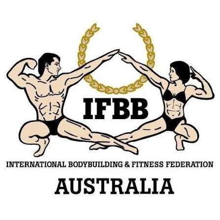 Logo of the International Bodybuilding & Fitness Federation Australia featuring a male and female bodybuilder in a mirrored pose with a laurel wreath in the background and the text 'IFBB Australia'.