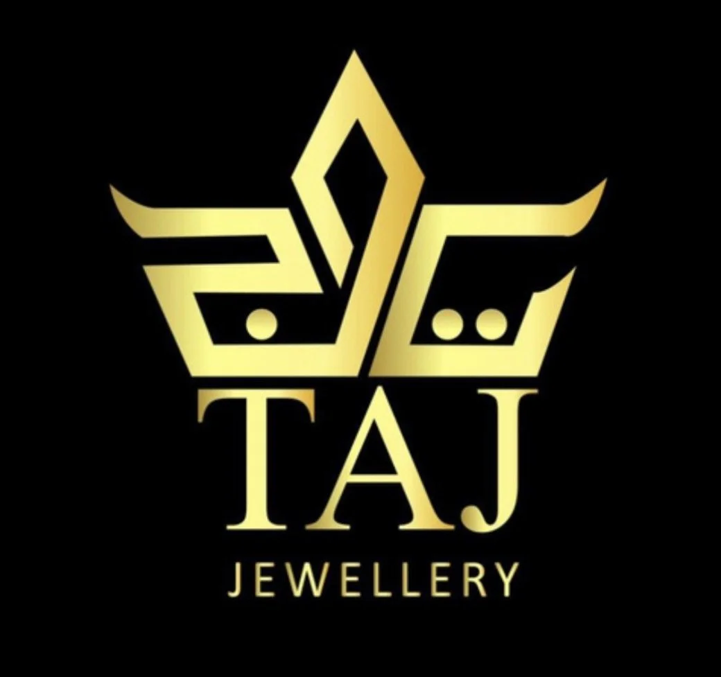 Gold logo for 'Taj Jewellery' featuring a stylized crown design above the text.