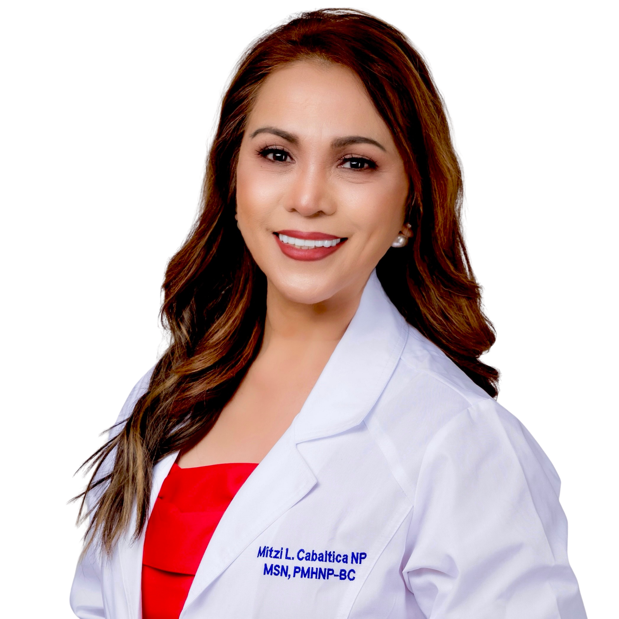 Portrait of a smiling woman with long brown hair, wearing a white medical coat with her name embedded, over a red top, against a black background.